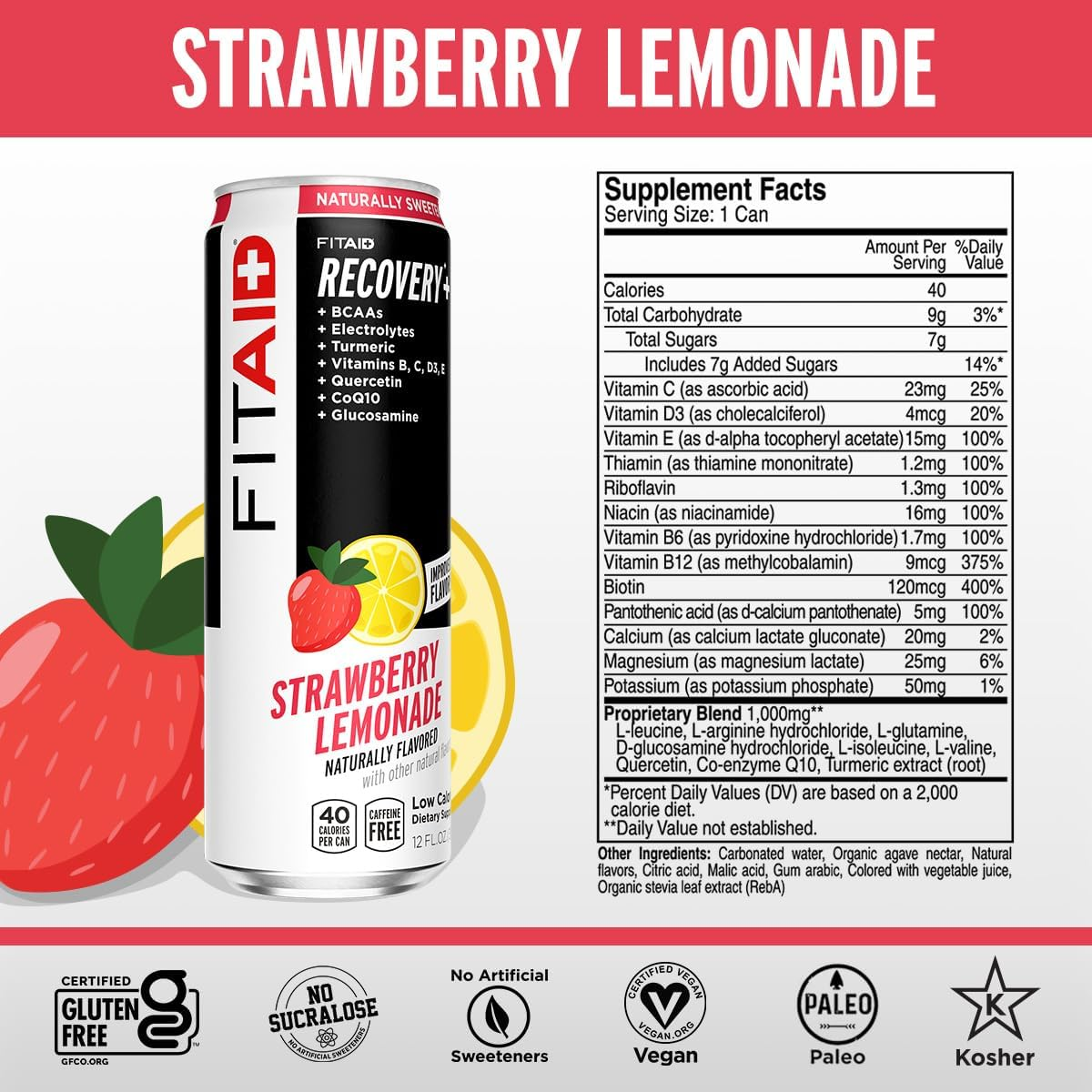 FITAID Post Workout Recovery Drink, Strawberry Lemonade, Bcaas, Glucosamine, Electrolytes, All in One Can, Paleo, Vegan & Gluten-Free, 40 Calories, 12 Fl Oz (Pack of 12) image number 5