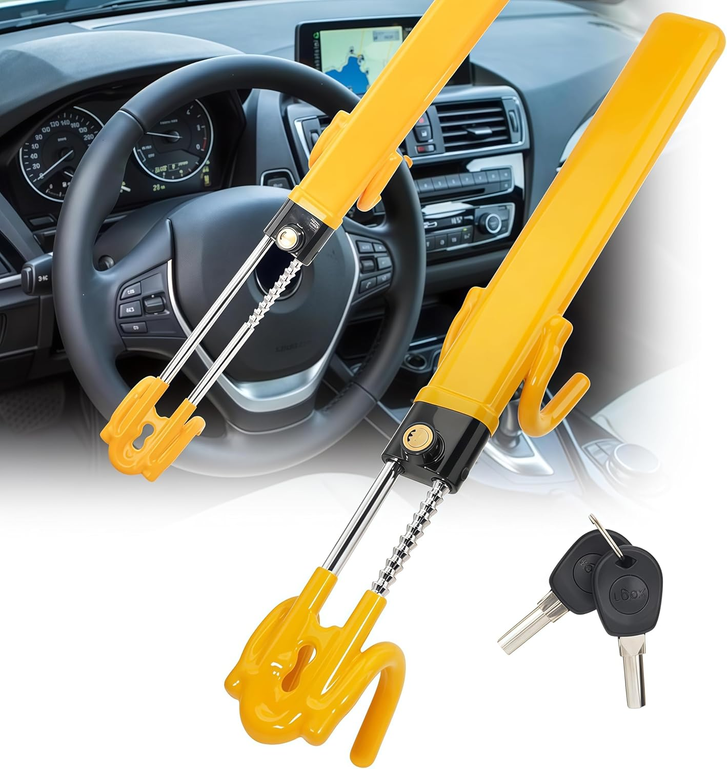 Upgraded Car Steering Wheel Lock, Multifunctional Anti-Theft Lock Device, Easy to Installation, Adjustable Length 20Cm with 2 Keys, Suitable for Most Cars, Suvs, Trucks, Vans, and Sedans...(Yellow) image number 1