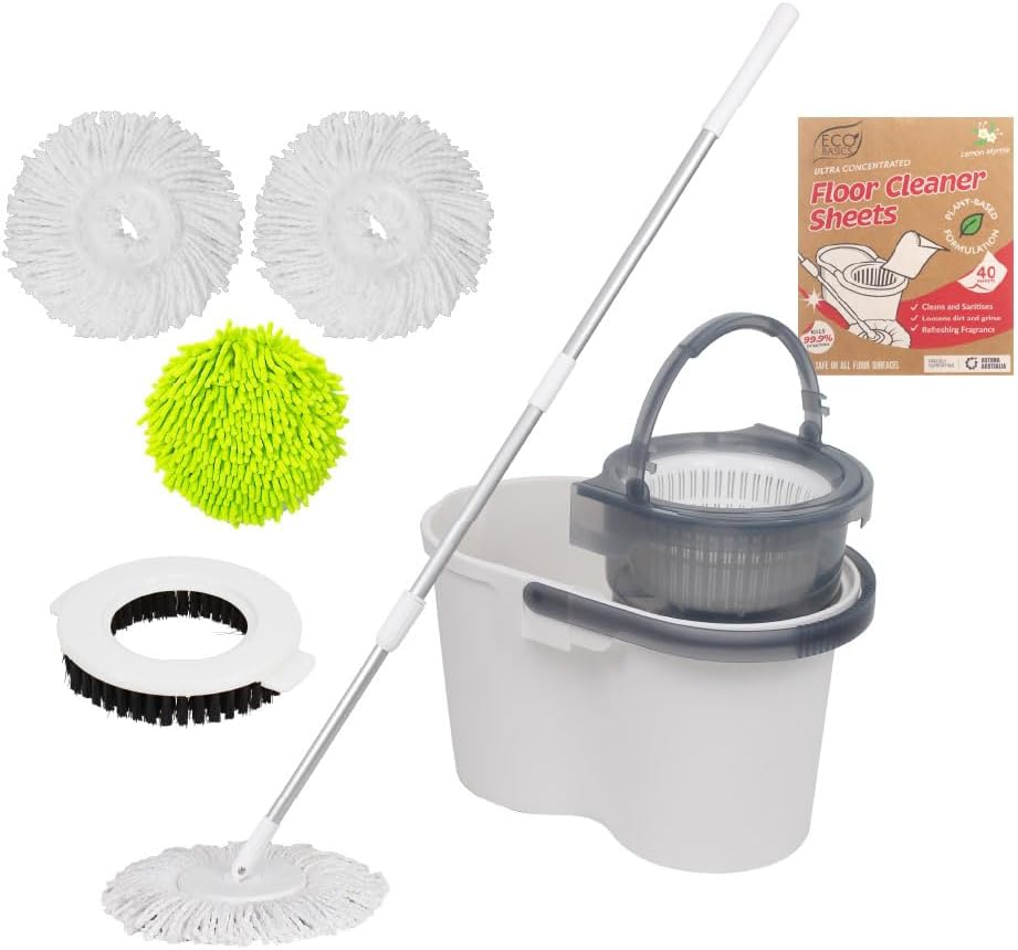 White Magic Turbo Spin Mop Complete Set &ndash; 40 Floor Cleaning Sheets, 2 Microfibre Mop Heads, 1 Microfinger Mop Head & Scrubbing Brush - All-In-One Deep Floor Cleaning System image number 1