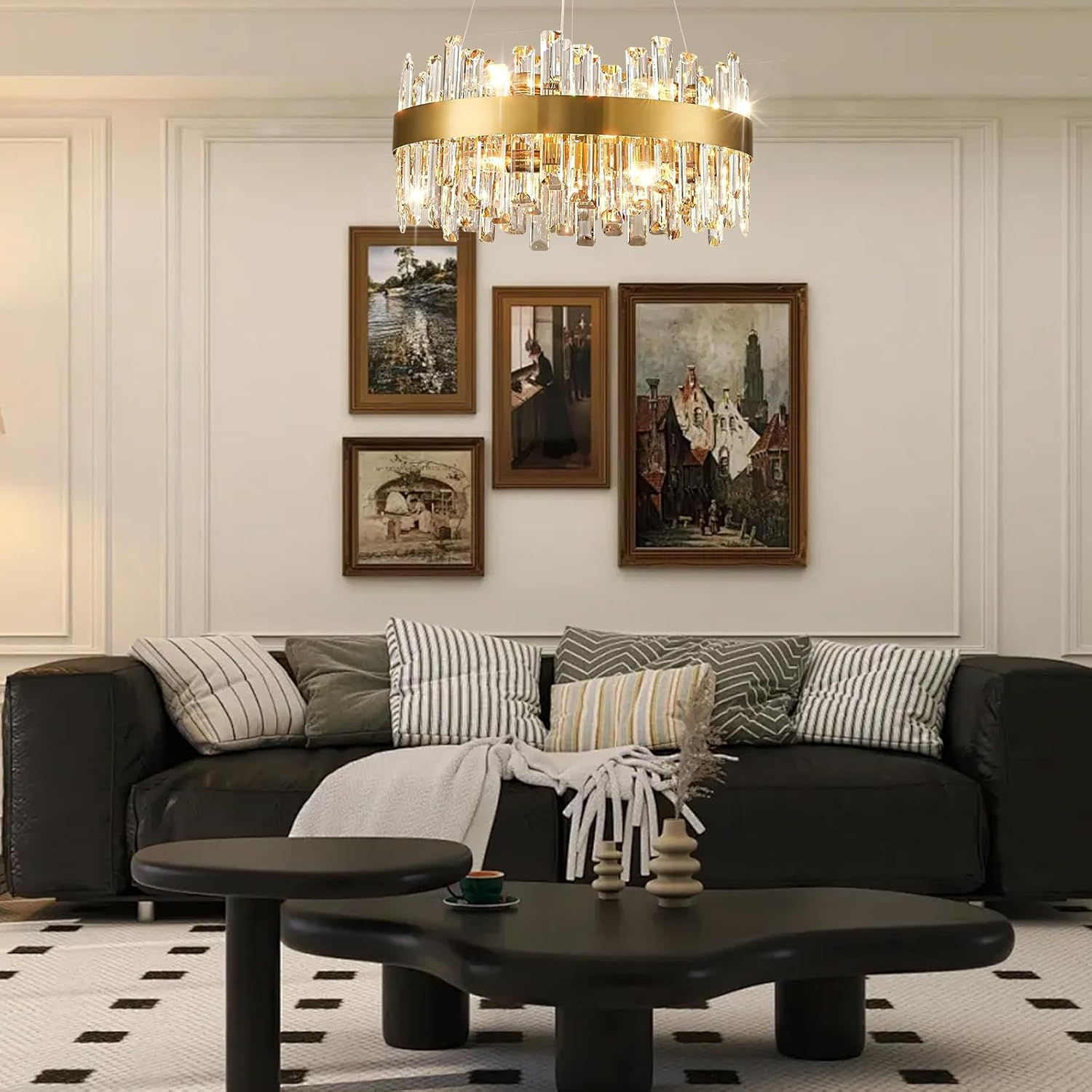 USOR Modern Crystal Chandelier, 12 Lights Gold Pendant Light D60Cm Contemporary round Ring K9 Crystal Ceiling Light Fixture for Dining Living Room Kitchen Island 3 Color Temperature Bulbs Included image number 2