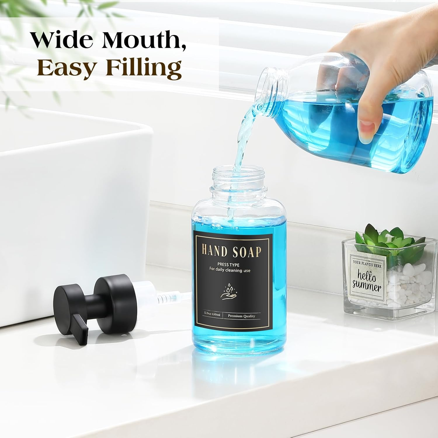 Luxspire Foaming Soap Dispenser, Glass Foam Pump Soap Dispenser, Non-Slip Hand Soap Dispenser with 5 Waterproof Labels, 15 Oz Refillable Liquid Soap Dispenser for Bathroom & Kitchen, Clear, 1 Pack image number 5