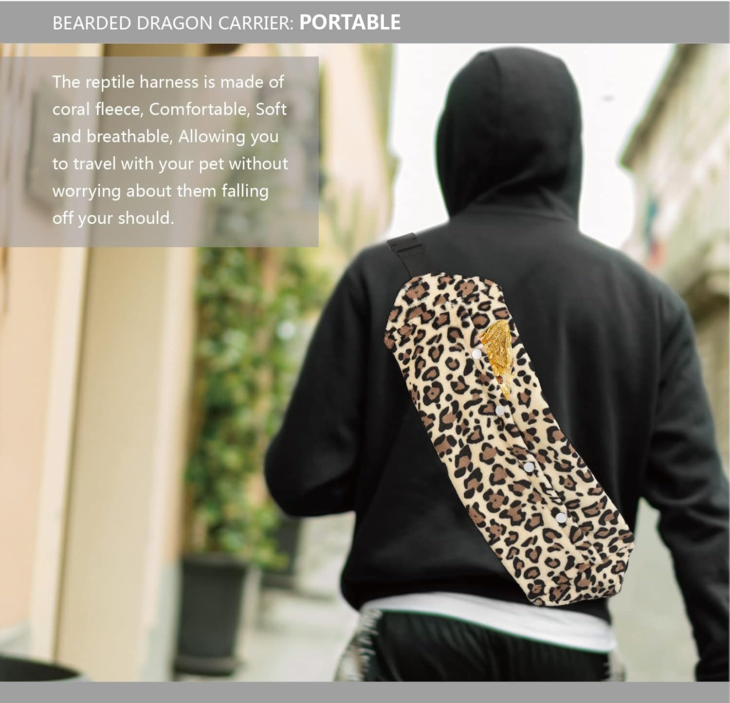 Bearded Dragon Leash and Harness Set, Beardie Carrier, Lizard Adjustable Harness with Leather Wings and Sling Bag, Reptile Small Pet Backpack Batwing Accessories (Leopard Pattern) - Grey image number 2