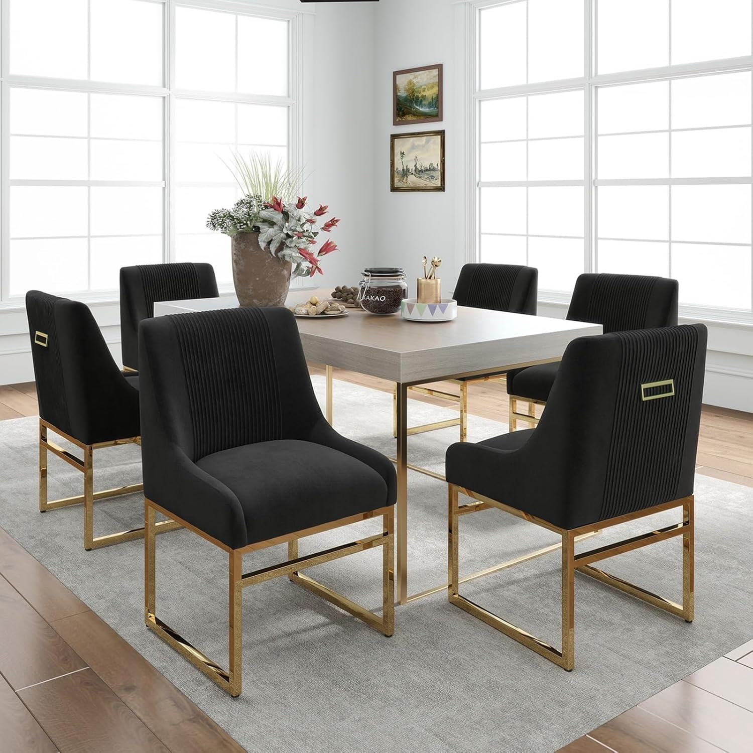 Kitchen & Dining Room Chairs Set of 2, Mid Century Modern Velvet Upholstered Dining Chairs with Gold Metal Frame Legs, Tufted Accent Chair for Reception Room Living Room Study Room(Black) - Beige image number 4