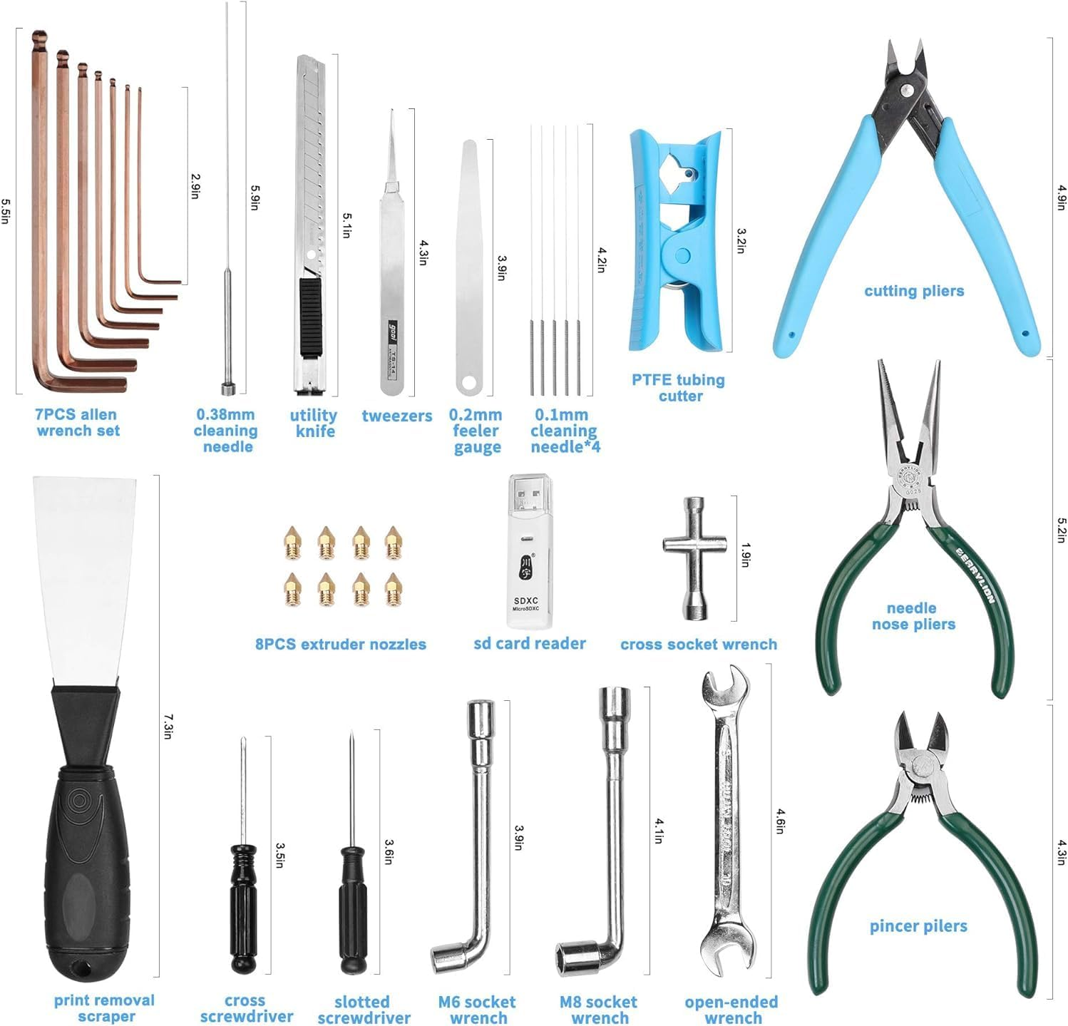 Creality 3D Printer Tool Kit Box Includes Assembly, Cleaning/Removal, Filament Cutting Tools, 8 Extruder Nozzles and SD Card Reader with Storage Box for 3D Printers, 35 Piece