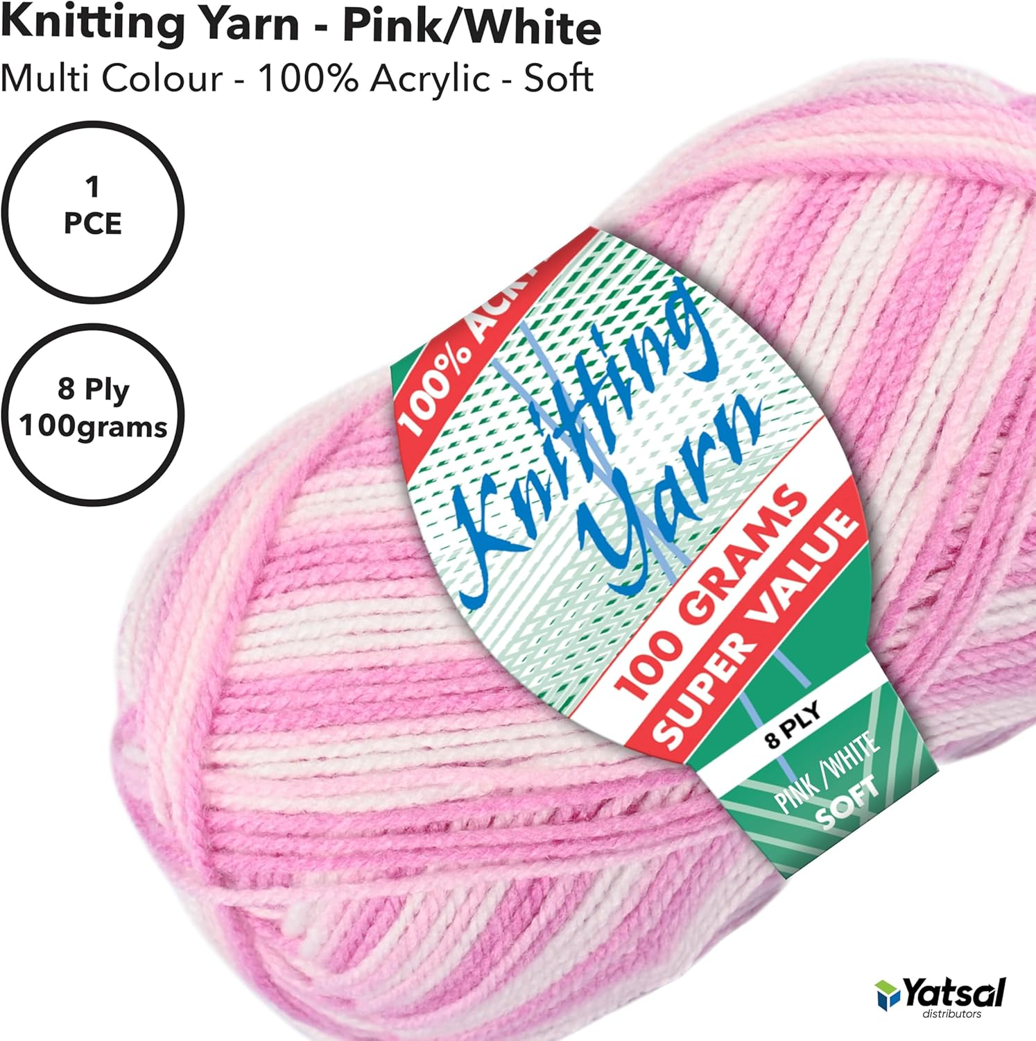 100% Acrylic 8-Ply Knitting Yarn 100 G, Pink/White