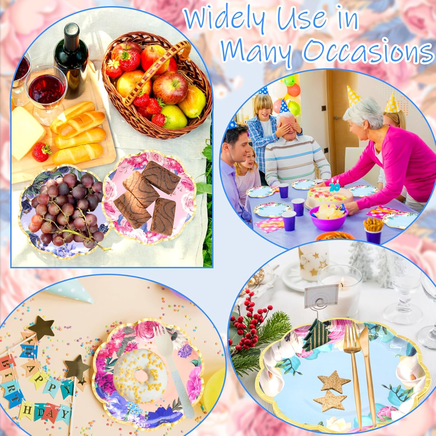 Benvo 60 Pack Floral Paper Plates 9 Inch Flower Dessert Plates Sparkle Disposable Plates for Tea Party Garden Party Baby Shower Bridal Shower Birthday Wedding Decorations(6 Assorted Styles) image number 3