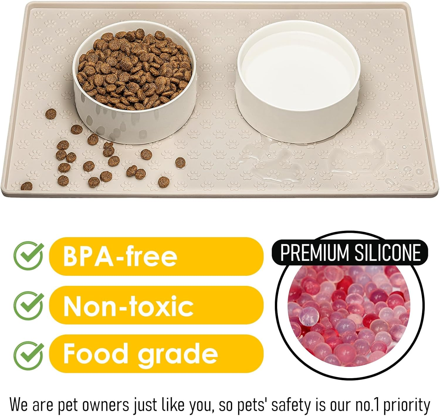 Silicone Dog Cat Food Mat, Waterproof Slip Resistant Raised Edge Pet Feeding Mats, Pet Bowl Mat Anti-Messy and Prevent Spill on Floor, Dishwasher Safe (Beige, L: 24" X 16") - Beige image number 3