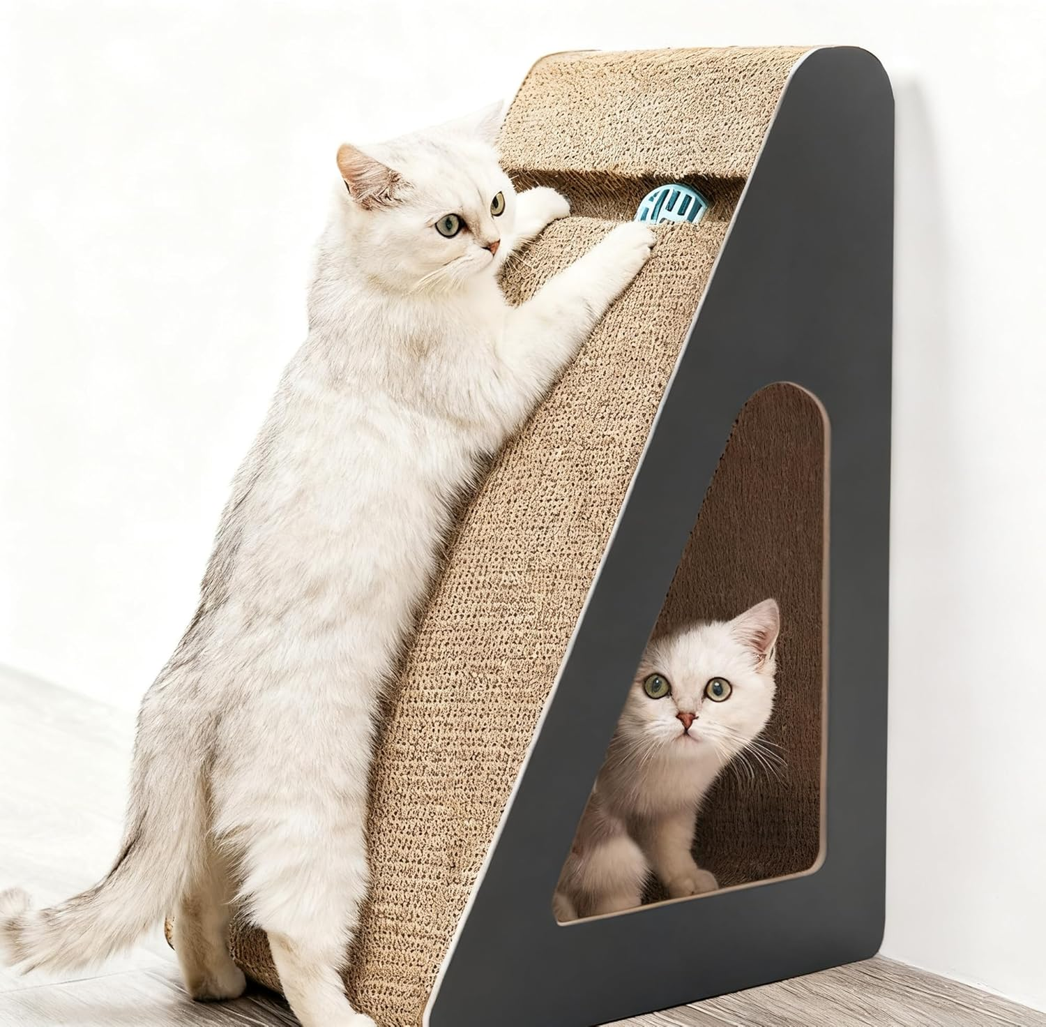 Triangle Cat Scratcher Lounge with Interactive Ball, Reversible Scratching Pad & Resting Bed for Indoor Cats, 38Cm Large Corrugated Cardboard Toy image number 4