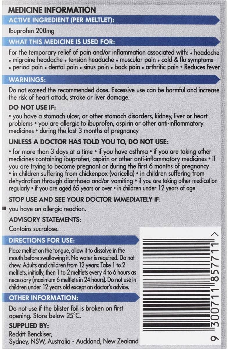 Nurofen Meltlets Pain Relief Berry Burst 200Mg Ibuprofen 24 Pack, Blue