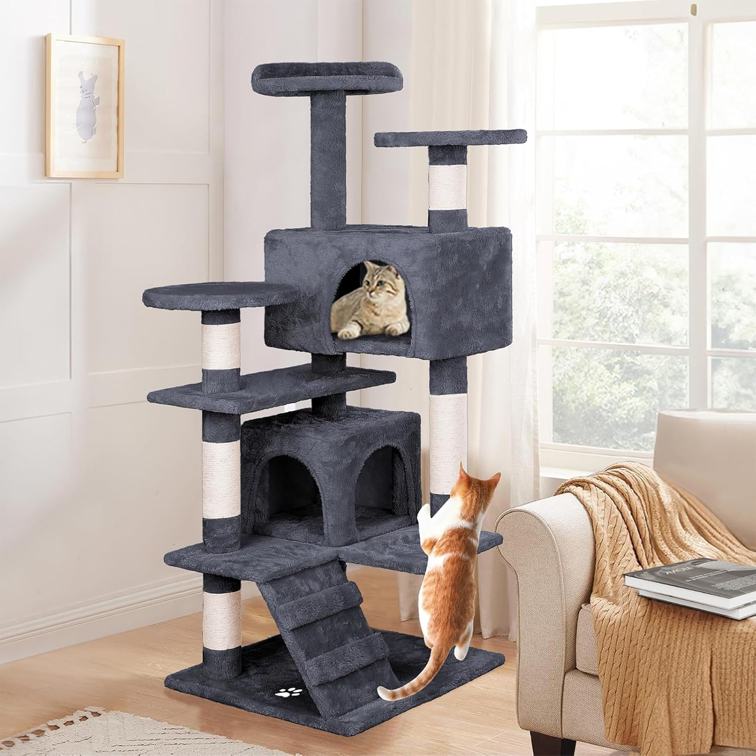 BEASTIE Cat Tree 132Cm Tall, Scratching Post Scratcher Tower Condo House Furniture Wood in Grey Colour