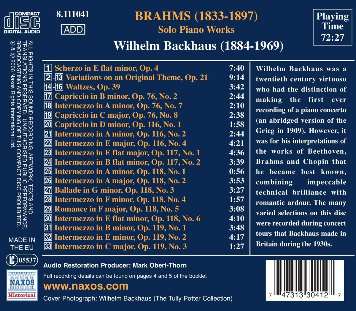 Brahms: Solo Piano Works (Backhaus)