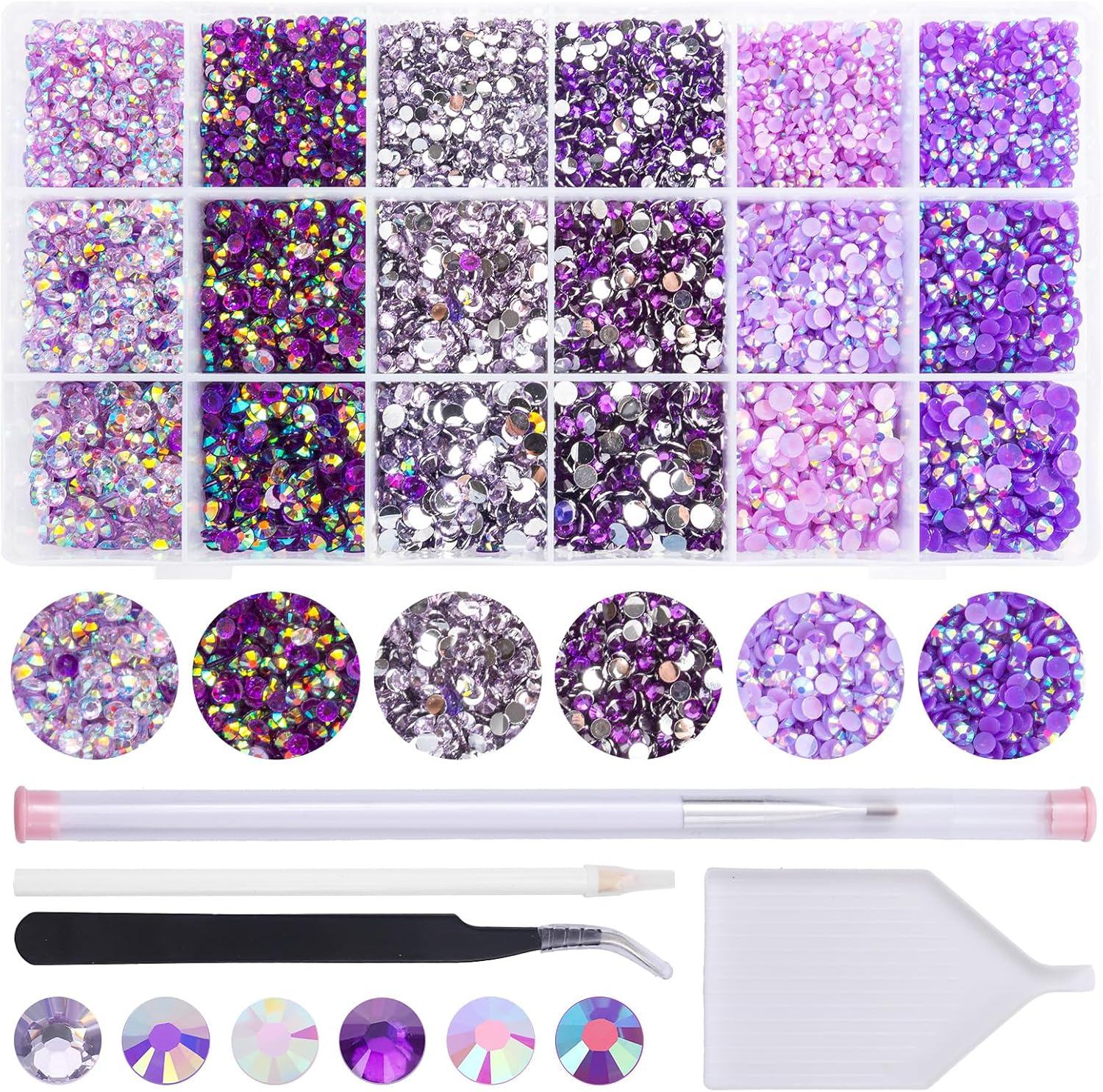 22380Pcs Purple Jelly Rhinestones Kit- Resin Mixed Color Rhinestones for Nail Clothes Shoes Tumblers Decoration Flat Back Round(3Mm,4Mm,5Mm)