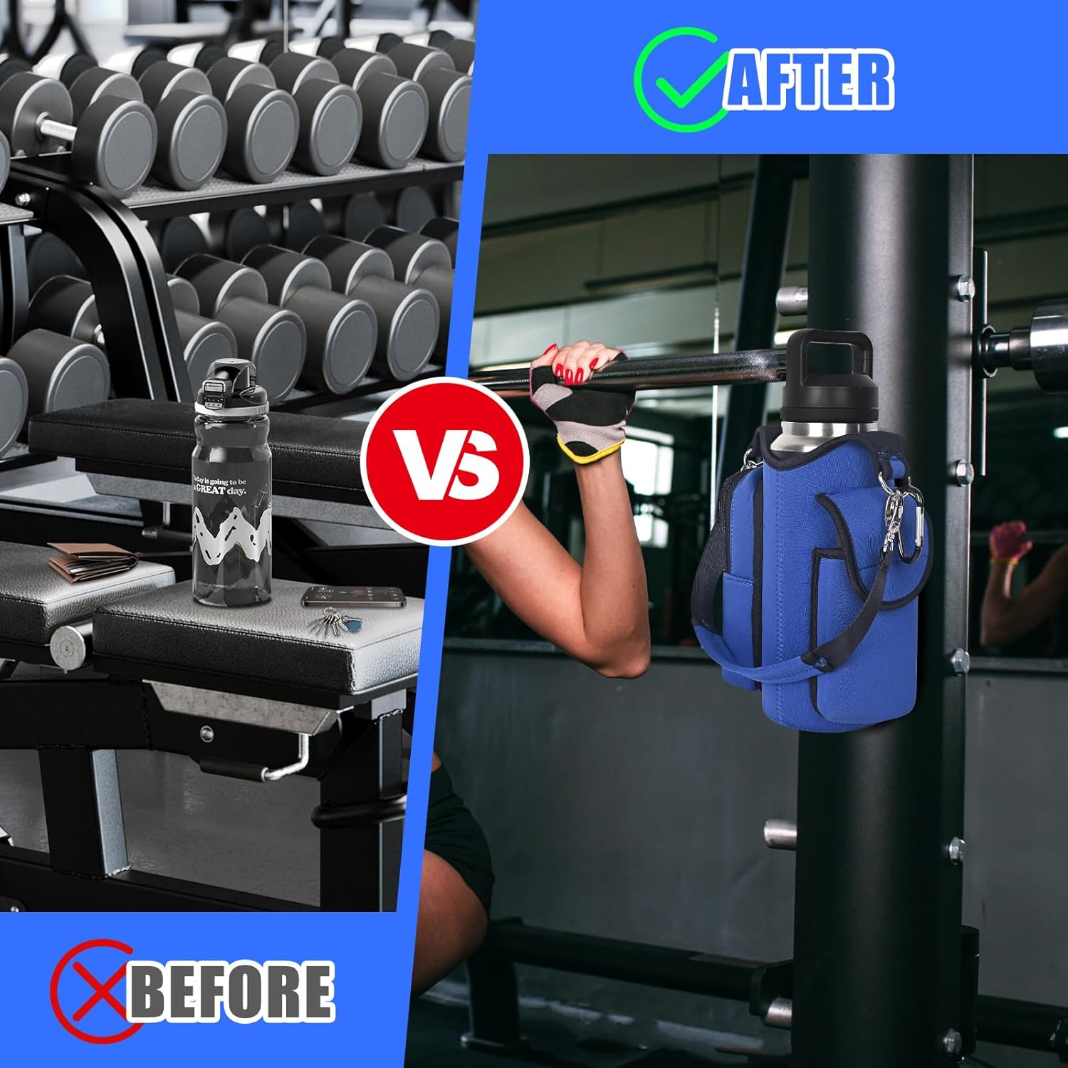 Icolor Magnetic Gym Bag Water Bottle Carrier Holder with Phone Pockets & Shoulder Strap,Gym Magnetic Bag 5 Built-In Magnets Gym Accessories Organizer Bottle Pouch Sleeve - Grey image number 2