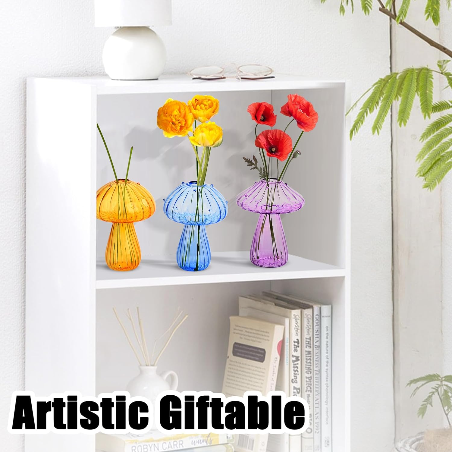 Plant Propagation Station, 6 Colored Glass Mushroom Vase Glass Planter, Gardening Gifts for Plant Lovers Women, Small Hydroponic Pots for Flowers-Desktop Terrarium for Home Office Decor, Room Decor image number 3