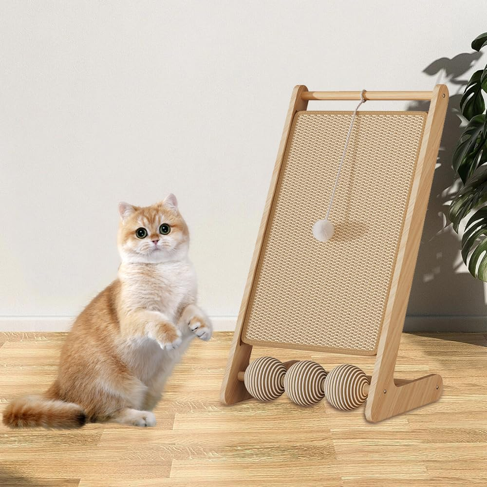 L-Shaped Standing Cat Scratcher with Toy Ball, Durable Natural Sisal & Solid Wood, Vertical Cat Scratching Board, Modern & Space-Saving Cat Furniture, Suitable for Indoor Cats Small Pets image number 3