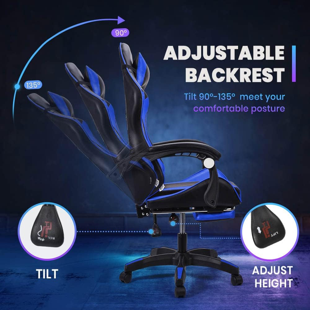 Furb Gaming Chair with 2-Point Massage Lumbar Cushion and Footrest, Ergonomic Executive Office Chair PU Leather Computer Chair with Adjustable Headrest and 135&deg;Recline, Black+Blue image number 5