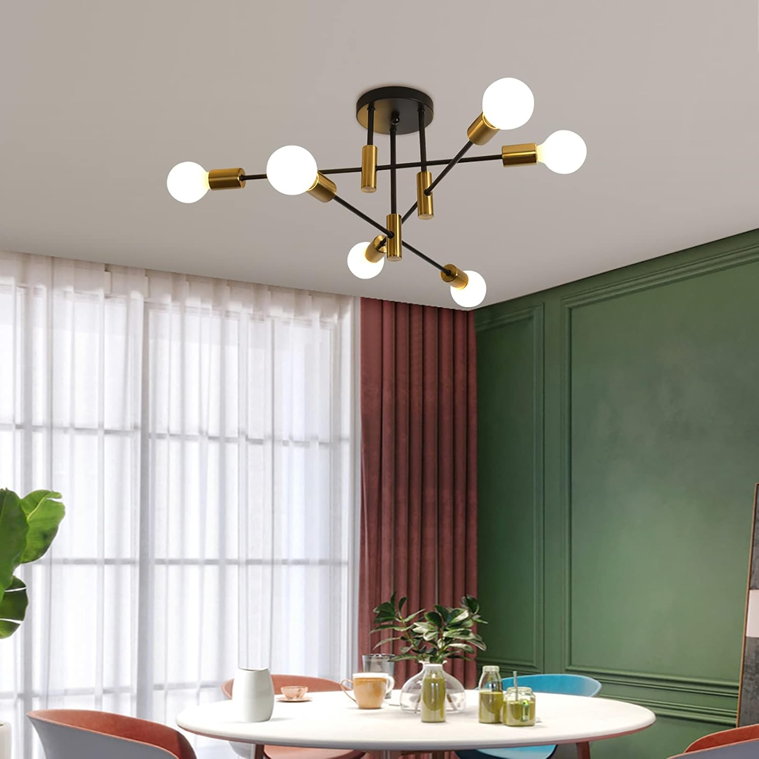 Ganeed Mid Century Modern Sputnik Chandelier, Gold & Black Adjustable Ceiling Lighting, 6 Lights Industrial Mount Pendant Light Fixture for Kitchen Living Dining Room Bedroom Foyer image number 2