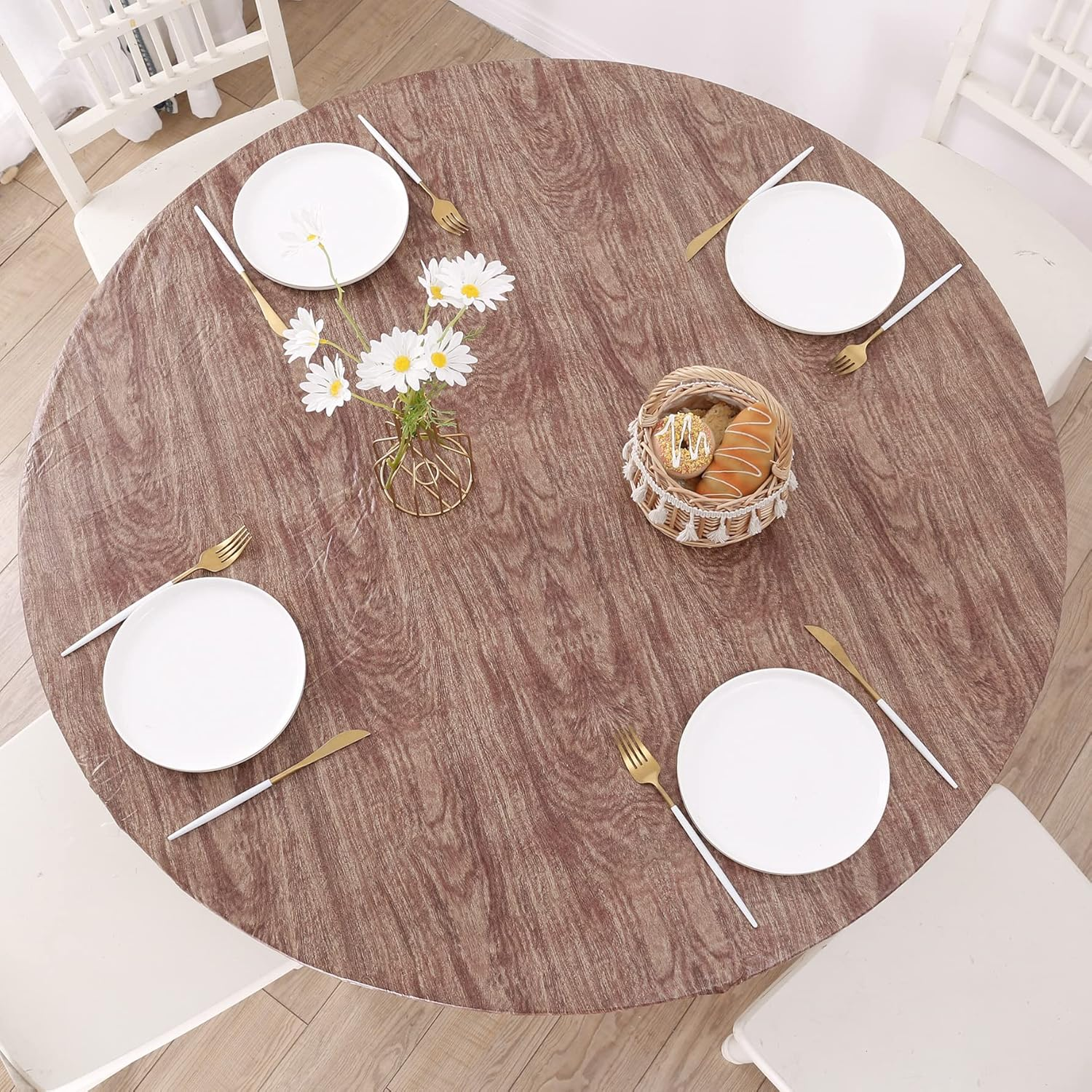 Round Vinyl Fitted Tablecloth with Flannel Backing Elastic Edge Design Table Cover Waterproof Oil-Proof PVC Table Cloth Stain-Resistant Wipeable for round Table image number 7