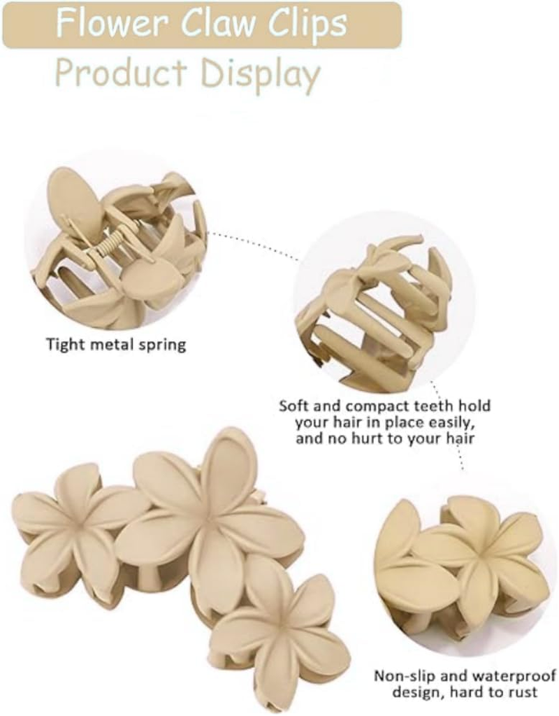 Flower Hair Claw Clips, 4-Pack, Matte Non-Slip Design, Large Plumeria Style, Thick Hair Accessories (Black) - Black image number 5