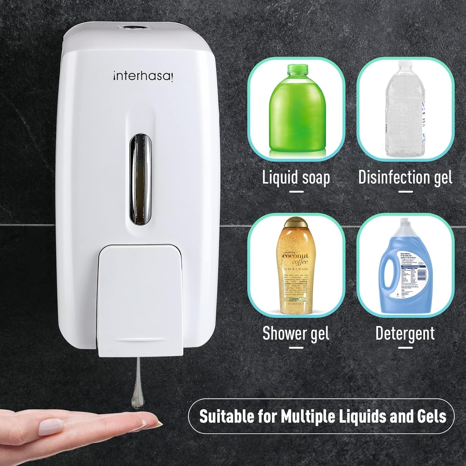 Interhasa! Manual Soap Dispenser Wall Mounted Hand Commercial Liquid Soap Dispenser 800Ml for Kitchen Bathroom Support Liquid Gel Soap, ABS, White, 0.47Kg, 110 * 90 * 225Mm