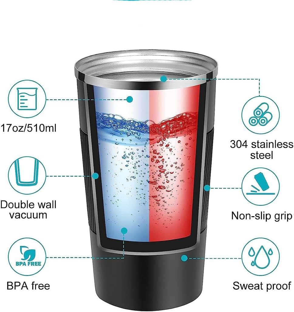 Coffee Cup 510Ml/17Oz, Insulated Travel Mug with Splash-Proof Lid, Reusable Double Wall 304 Stainless Steel Tumbler Cup - Keeps Cold and Hot Suitable for Car, Daily, outside and Gifts (Black-510Ml) - Brown image number 5