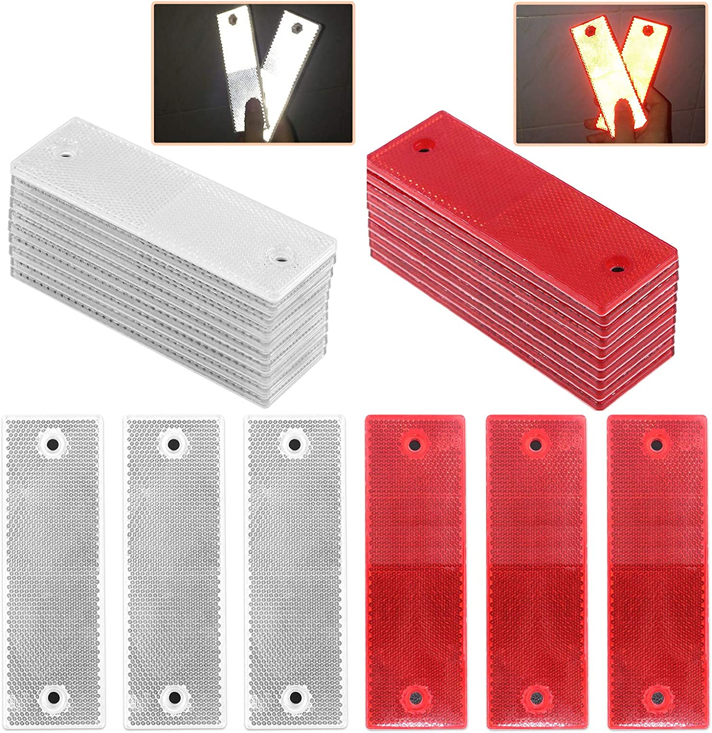 Rustark 20 Pcs Red Plastic Rectangular Stick-On Car Reflector Sticker Waterproof Reflector Tape Self-Adhesive Conspicuity Safety Warning Tapes for Truck Trailer Pickup