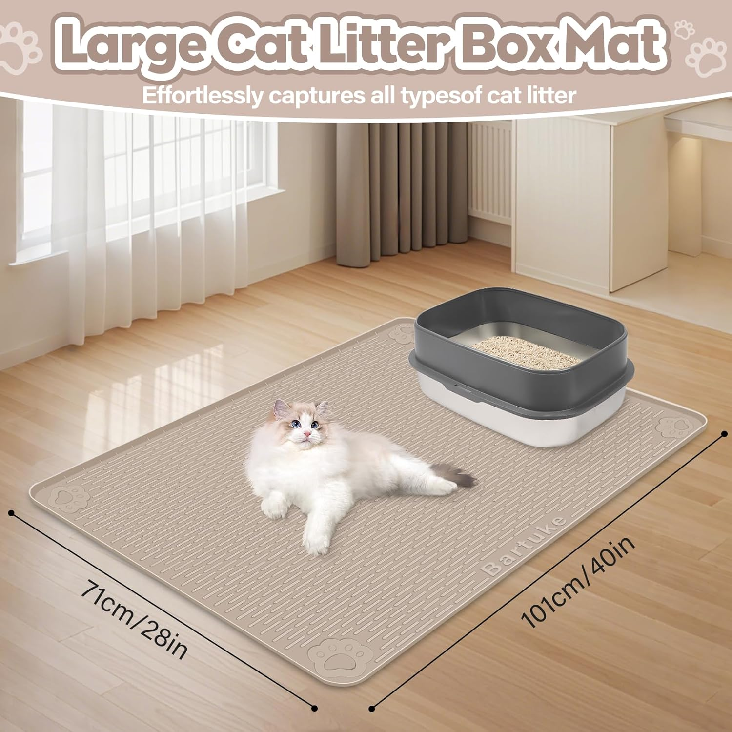 Bartuke Cat Litter Mat, Extra Large 40" X 28" Silicone Mat Litter Trapping Mat for Scatter Control, Soft on Kitty Paws, Easy to Clean (Khaki image number 5