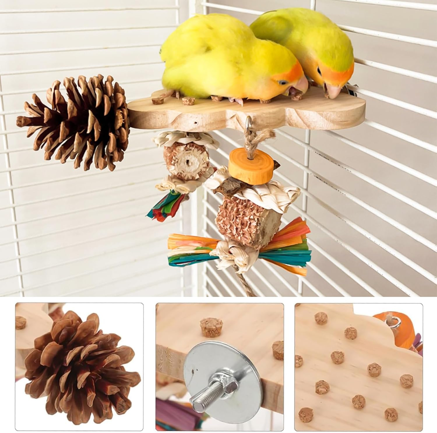 DXQCHDUO Parrot Platform Toys,Wooden Bird Climbing Plaftform with Chew Toys,Corn Stick Pine Cones Parrots Toy,Bird Cage Accessories for Small and Medium-Sized Parrots