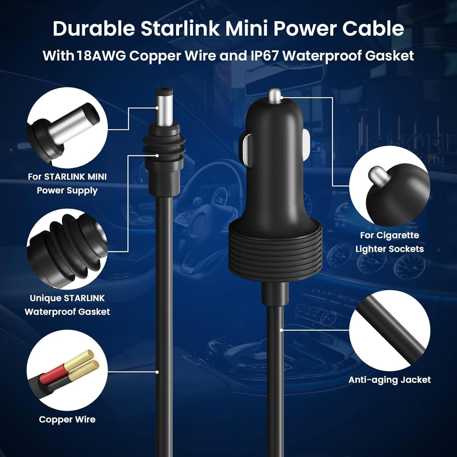 Starlink Mini 12V Cable - 12-48V Car Cigarette Lighter to DC Power Cable Adapter Charging Cord for Star Link Mini Car, Rvs, Trucks & Ship (5M/16.4FT) image number 5
