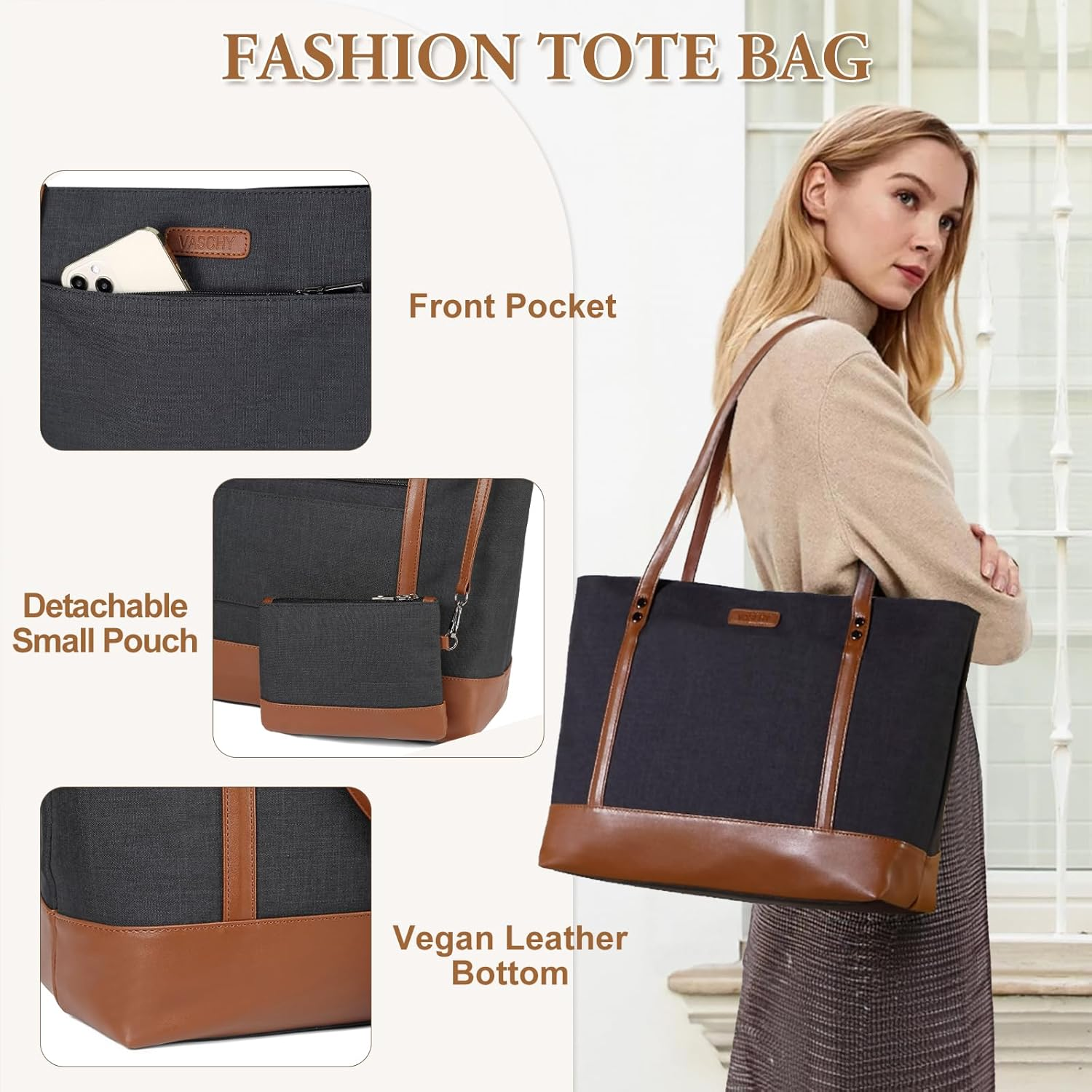 Laptop Tote Bag for Women, Vaschy Lightweight Large 14-15.6 Inch Laptop Shoulder Bag Purse Work Tote Bag Water Resistant Teacher Handbag Business Briefcase with Clutch Purse image number 2