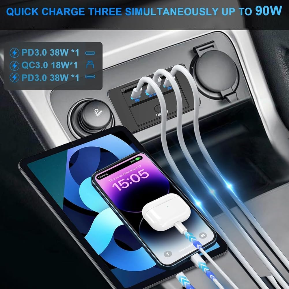 2PCS 3 Ports 12V RV USB Outlet 90W, Dual PD3.0 Type-C Quick Charge 72W & USB QC3.0 18W Panel Wall Mount Easy Install Easy to Use image number 6