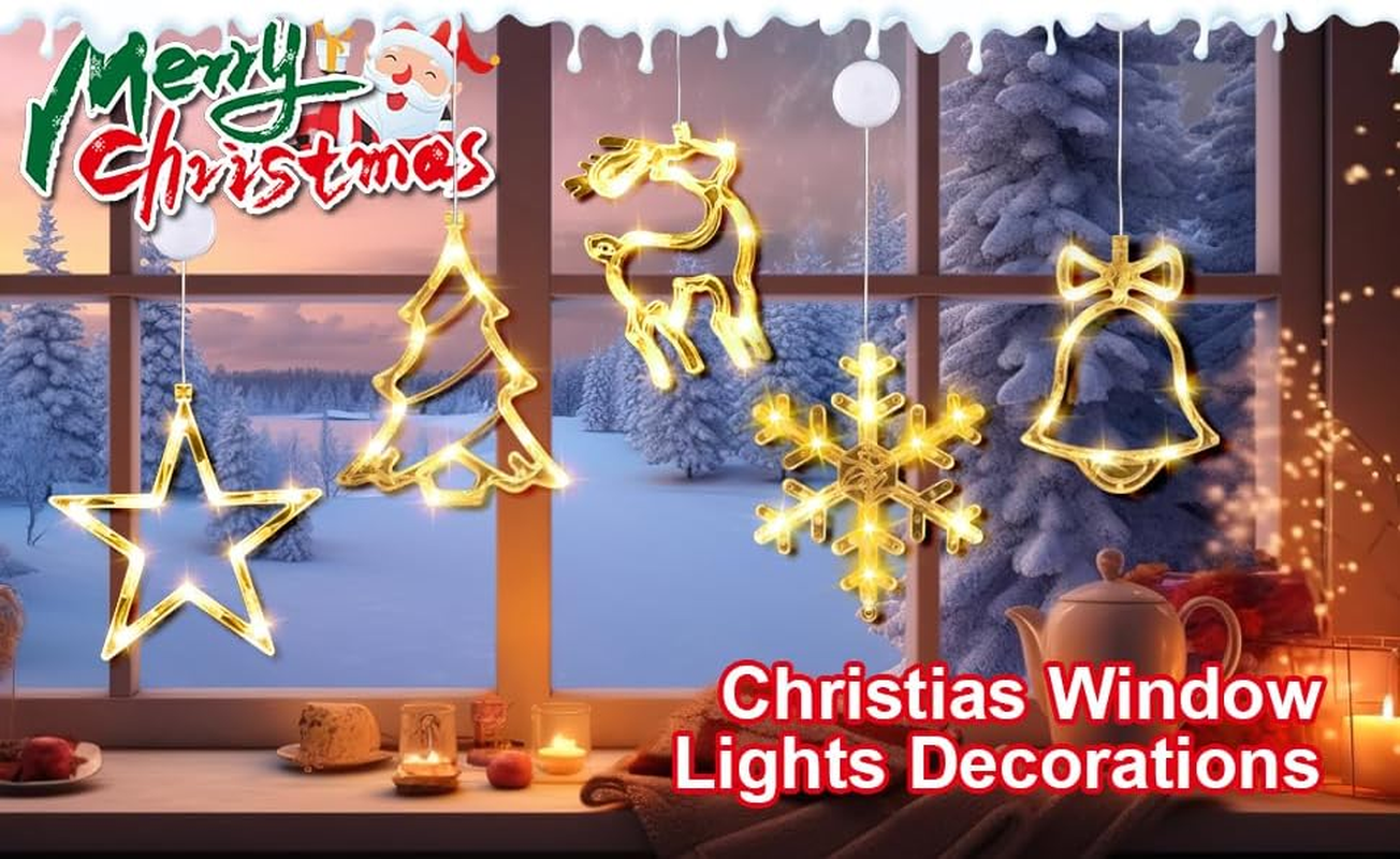 Christmas Decorations|5Pcs LED Christmas Window Lights Silhouette Decoration Lighted Bell-Tree-Reindeer-Snowflake-Star Battery Operated with Suction Cup image number 3