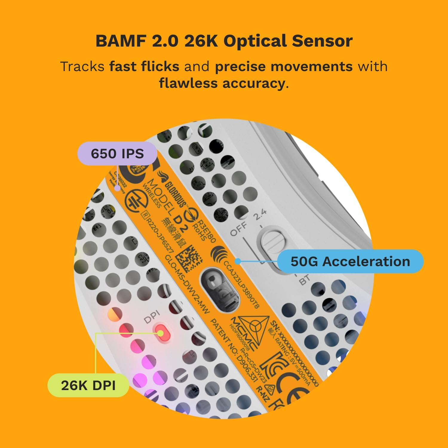 Glorious Gaming Model D 2 Wireless Gaming Mouse - Super Light 66G, up to 210H Battery, 26K Opt. Sensor, 6 Program Buttons, 80 Million Clicks, FPS, MMO, MOBA - Matte White image number 5