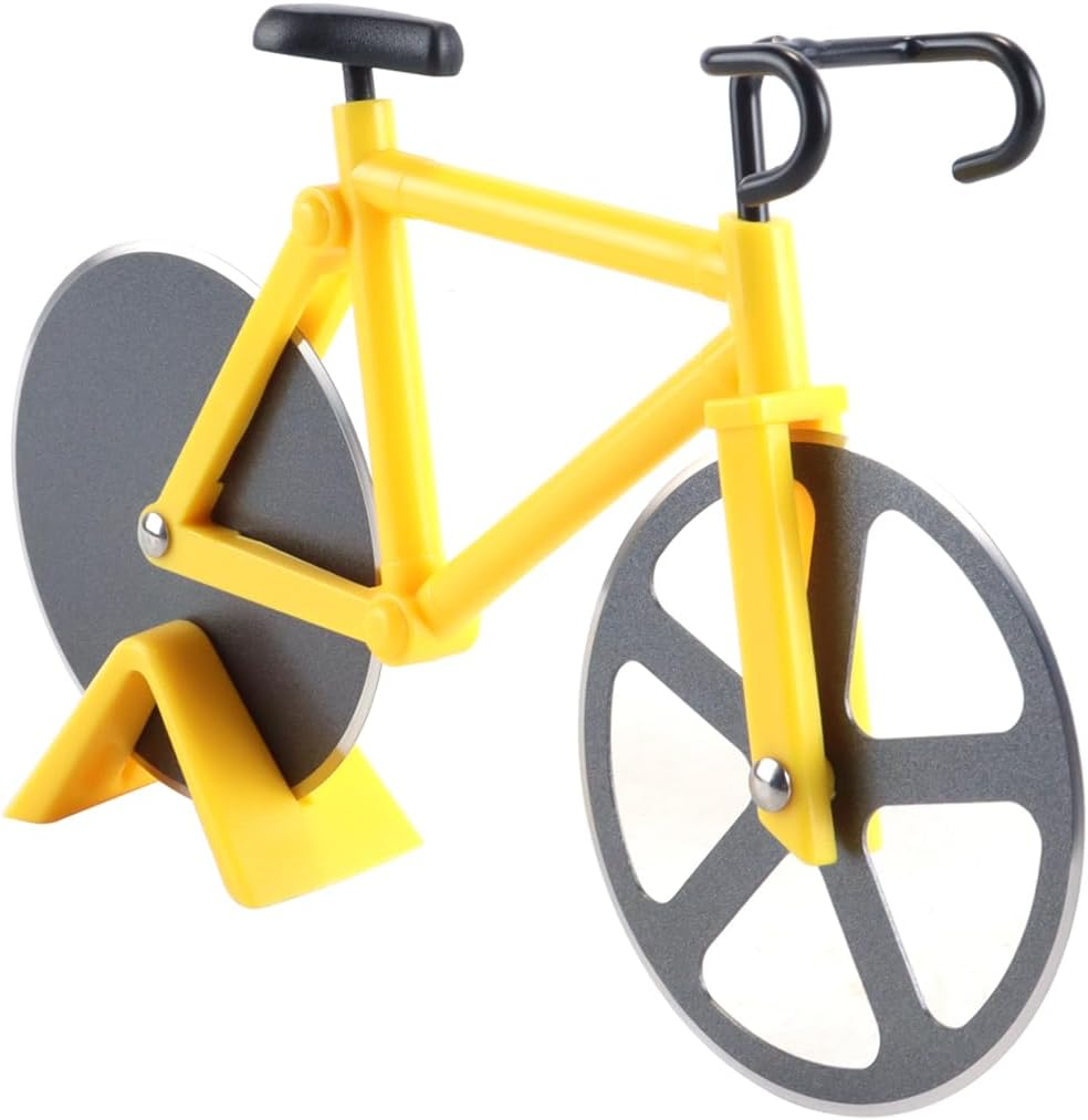 ANCLLO Bicycle Pizza Cutter Stainless Steel Wheel Cutter Double Slicer with Sharp Cutting Wheel and Stand for Kitchen Parties Yellow