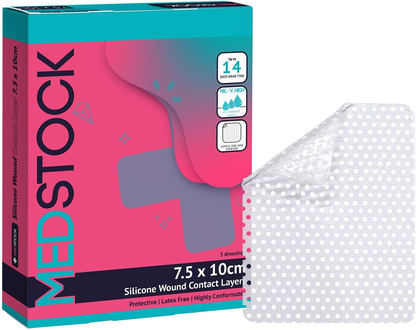 MEDSTOCK Silicone Wound Contact Layer - 10CM X 18CM, 5 Count, Gentle Adhesive Dressing, Atraumatic Removal, Large Perforations for Exudate Flow, Customisable Fit, Protects Fragile Tissue, Ideal for Skin Tears, Burns, Surgical Wounds, Grafts, NPWT Compatible image number 1