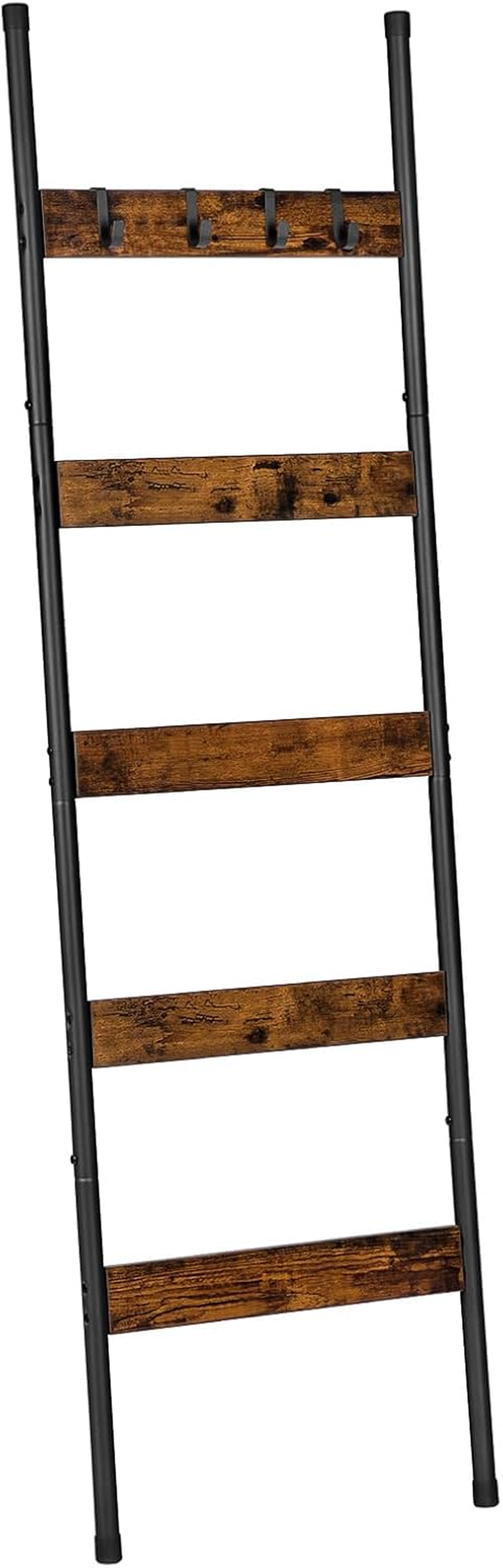 HOOBRO Blanket Ladder, 5-Tier Towel Rack with Hooks, Wall-Leaning Blanket Rack, Decorative Display Ladder Shelf, Scarves, Industrial, Living Room, Bedroom, Rustic Brown and Black BF52CJ01