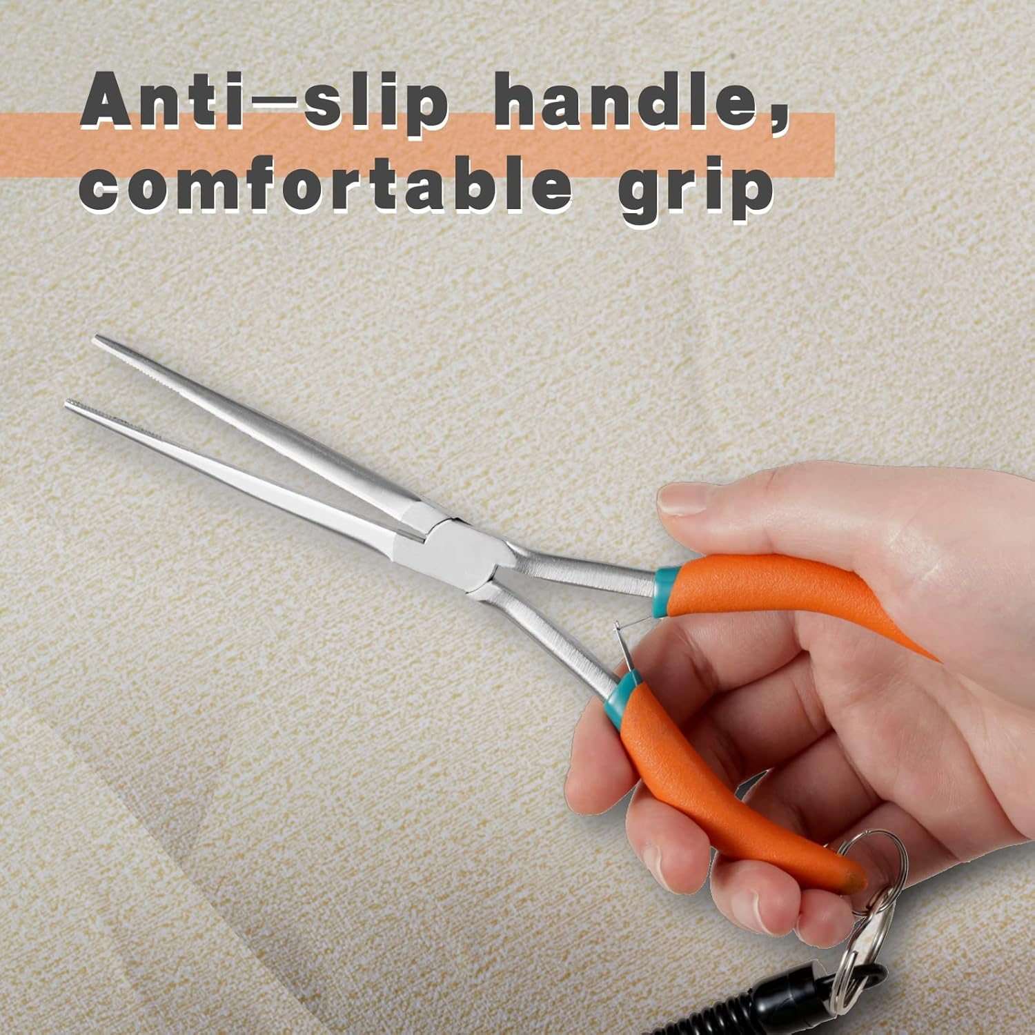 LEONTOOL Extra Long Needle Nose Pliers for Jewelry Making 7 Inches Straight Needle Nose Plier with Serrated Jaw Fishing Hook Remover Tool with Lanyard Long Nose Pliers for Hard-To-Reach Narrow Spaces