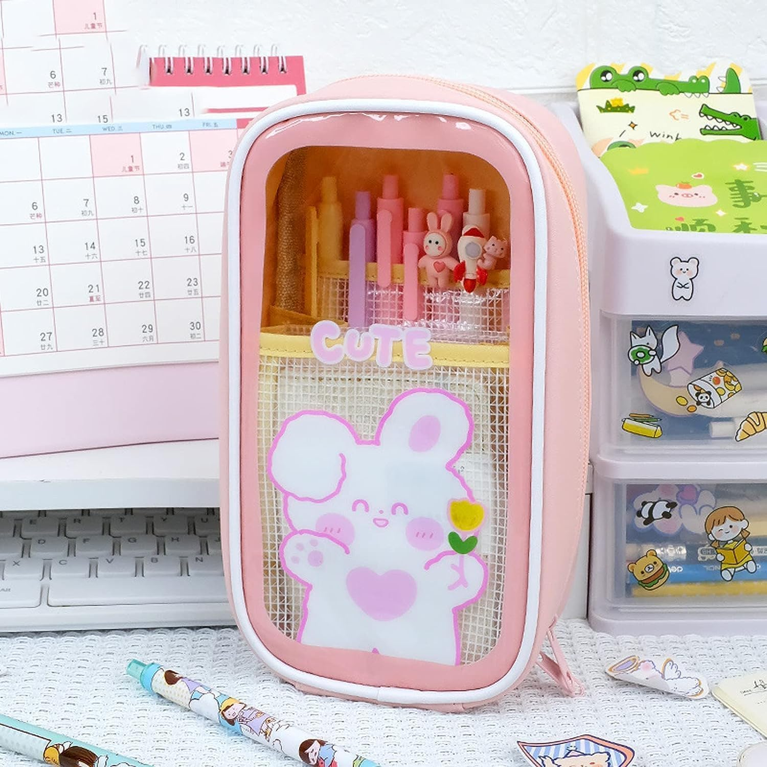 Kawaii Aesthetic Pencil Case, Clear Pouch, Large Capacity, Cartoon Stationery Bag, Pink image number 2