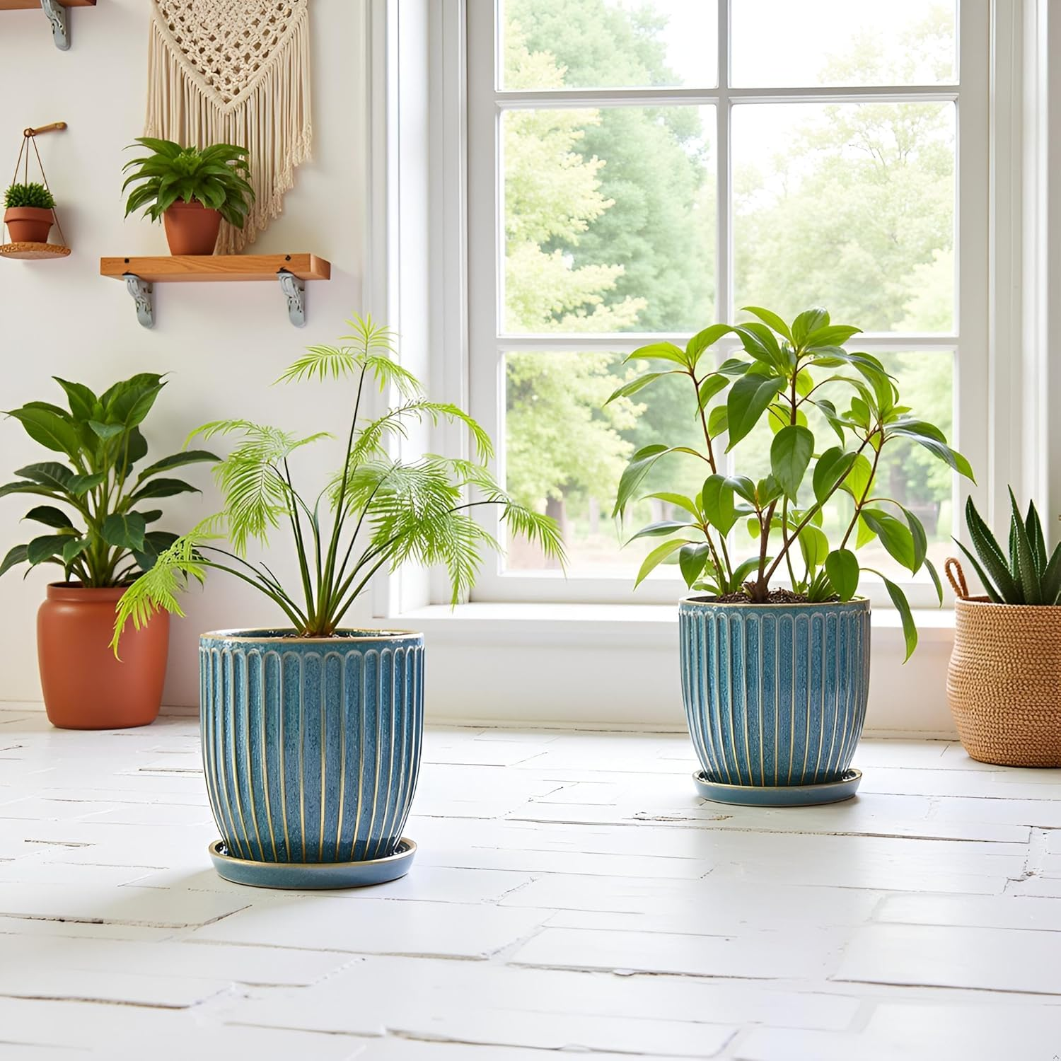 6 Inch/15 Cm Glaze Blue Ceramic Plant Pots with Drain Hole & Saucer, Flower Pots for Indoor/Outdoor Plants - Succulent, Snake Plant, Money Tree, Aloe Vera, Basil Planter image number 3