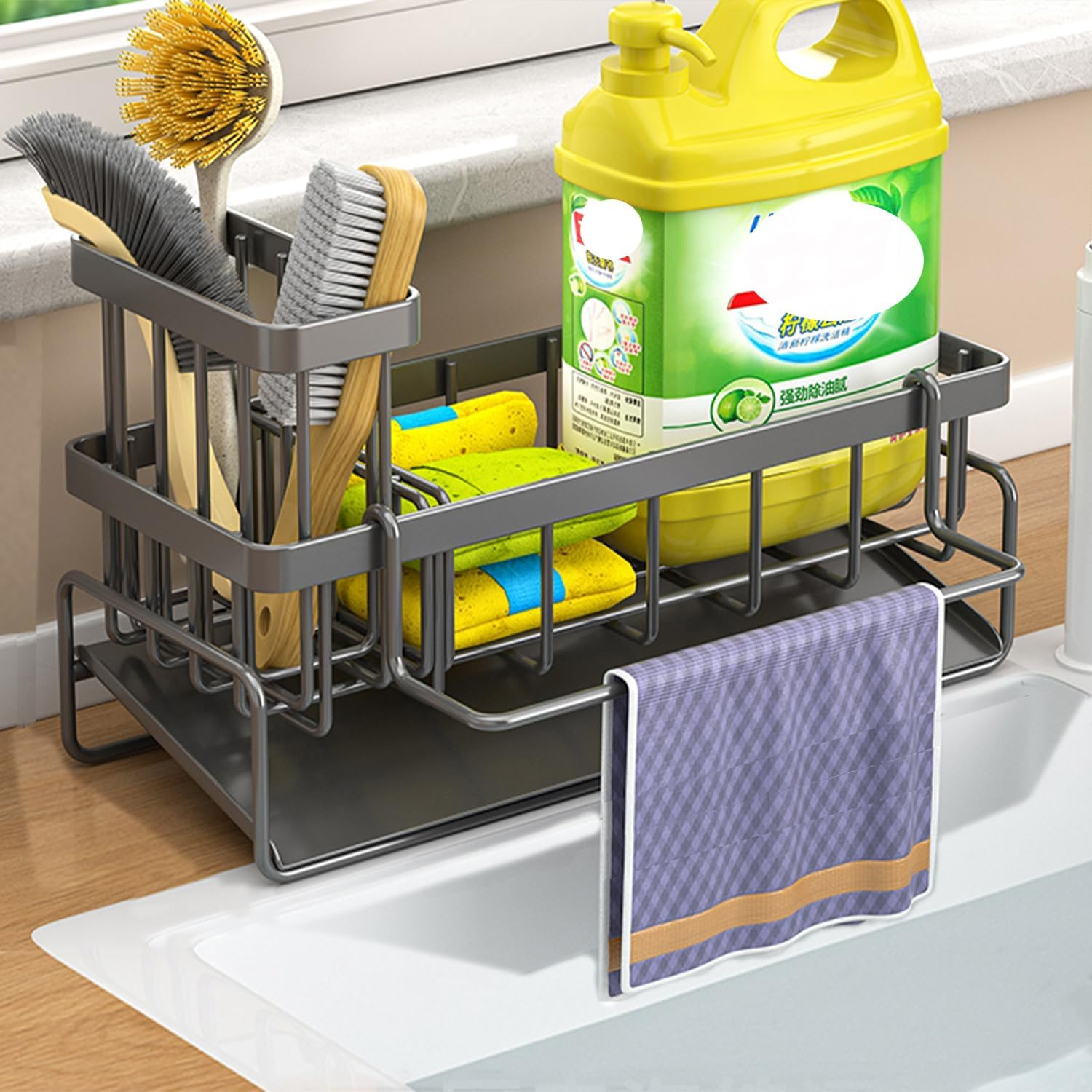 Sink Caddy Organizer with Self Draining Tray, Sponge Holder, Brush Holder, Dish Soap Dispenser Storage, Kitchen Counter Organizer (Gray) image number 5