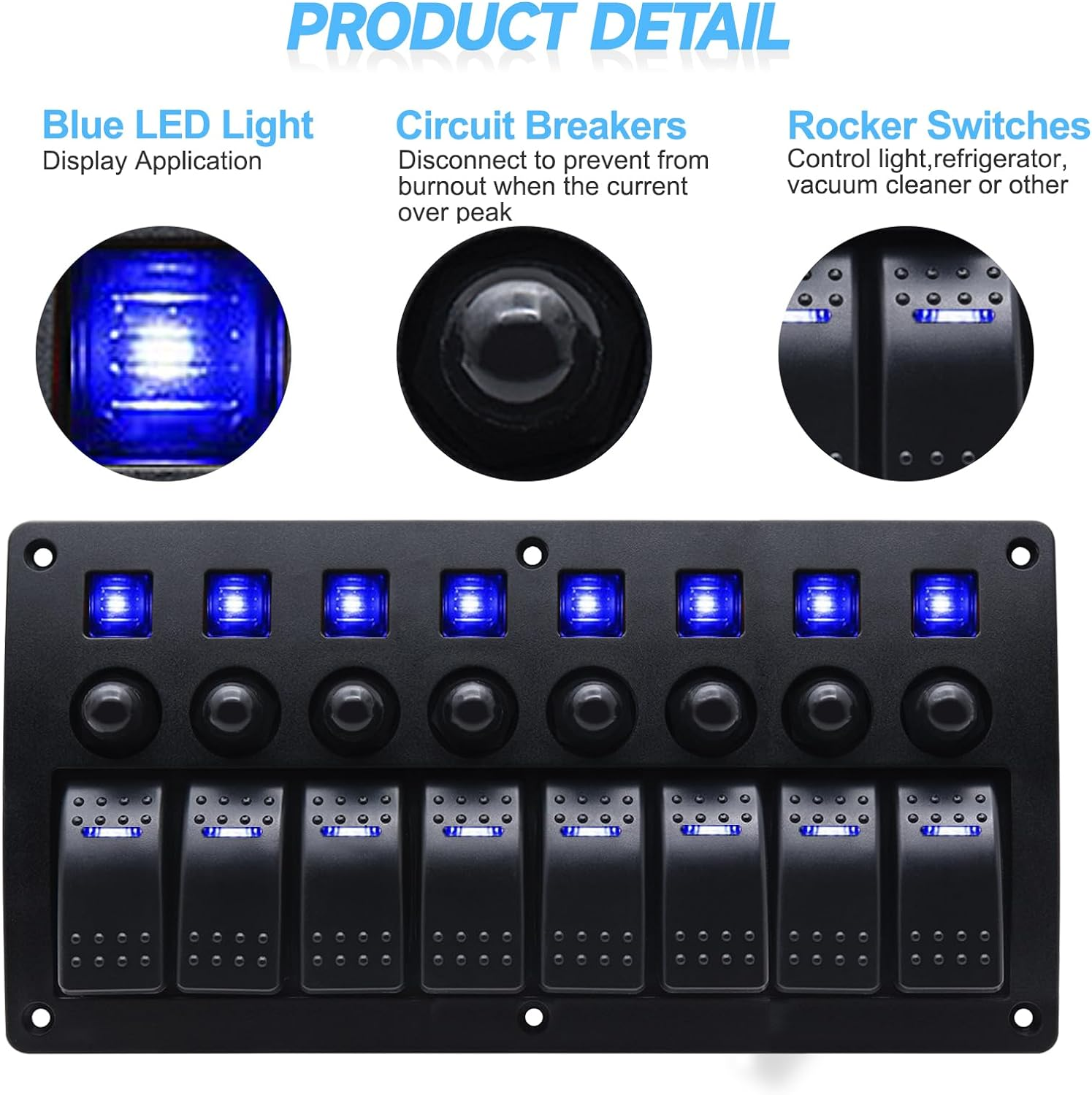 Waterproof Marine Boat Rocker Switch Panel 8Gang Blue Led Toggle Switch On-Off 3 Pin Circuit Breaker for RV Vehicle Truck Trailer Yacht ATV (8 Gang Blue) image number 6