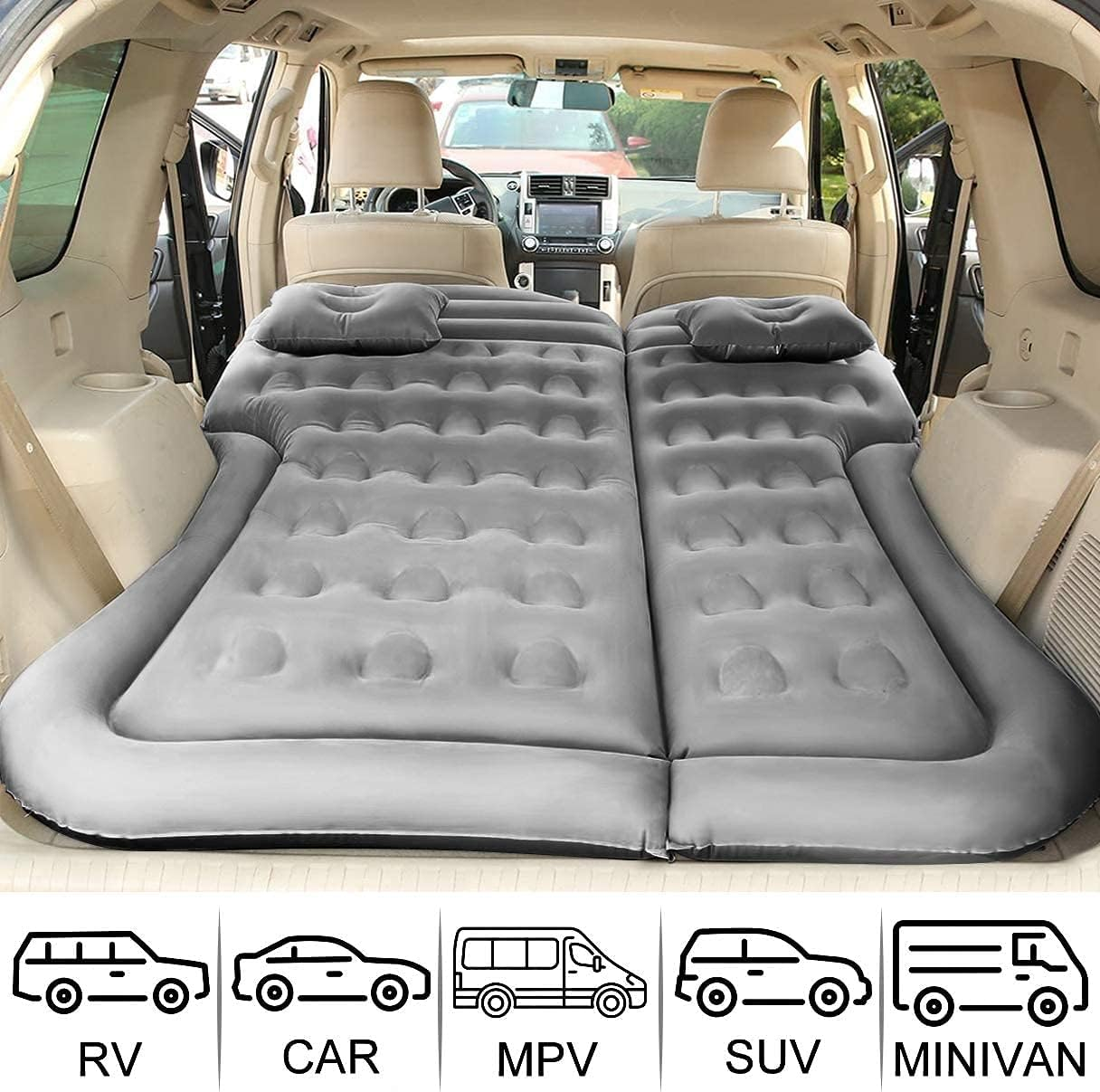SAYGOGO SUV Air Mattress Camping Bed Cushion Pillow - Inflatable Thickened Car Air Bed with Air Pump Portable Sleeping Pad Mattress for Home Car Travel Camping Upgraded Version - Grey - Beige image number 6