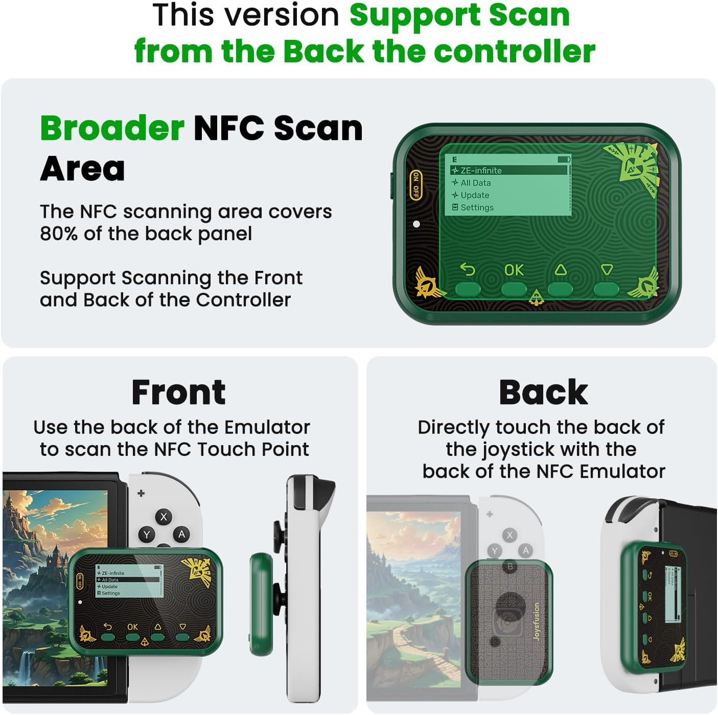 Joysfusion NFC Emulator, Store 3000 NFC Data, Support Ulimited Scan, 1.2" Screen, Easy Button Controls, Rechargeable for Endless Play, Compatible with 50+ Games (Green)