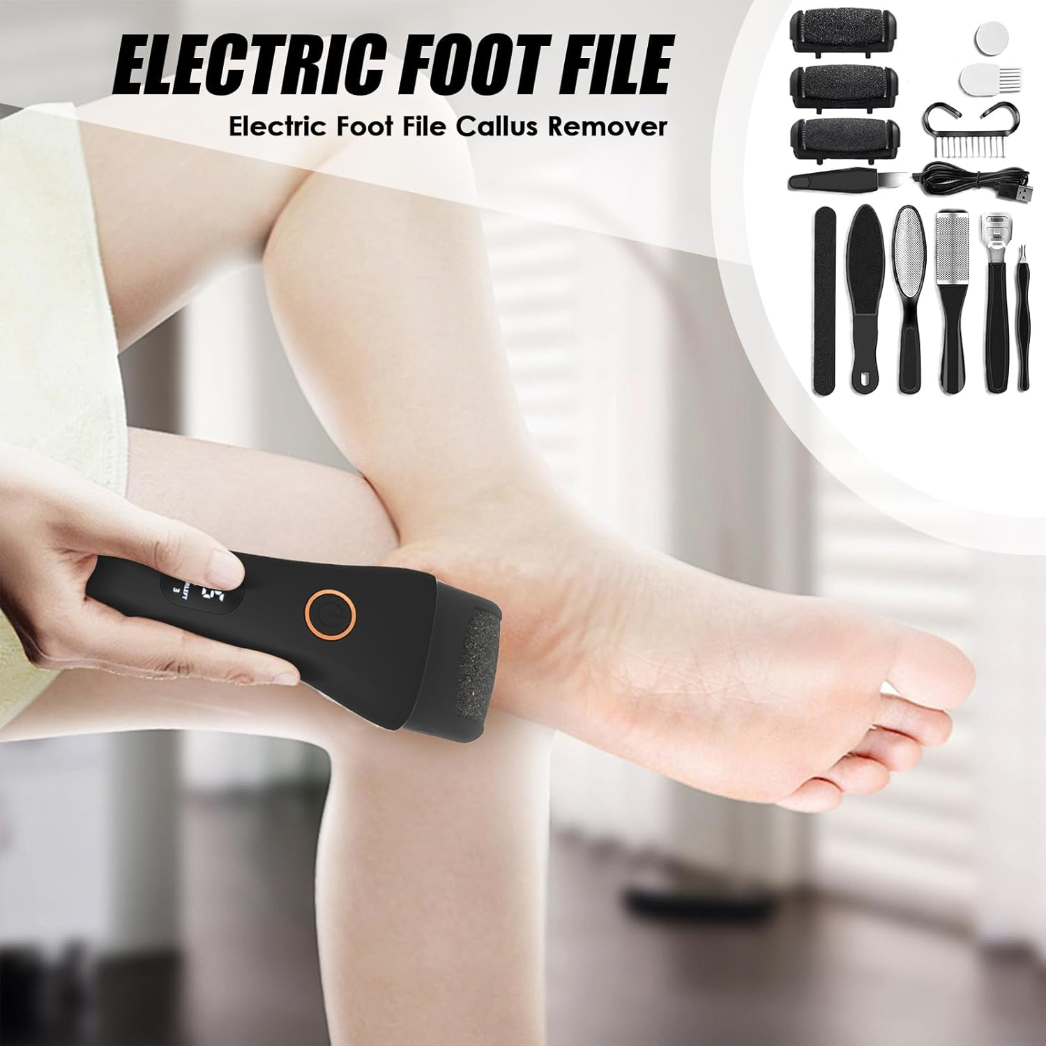 DAWCBVJQ Electric Foot File | Electric Foot Filer | Rechargeable Heavy-Duty Portable Grinder Scrubber Shaver for Manicure, Pedicure, Travel, Salon, Spa, Bath - Black image number 4