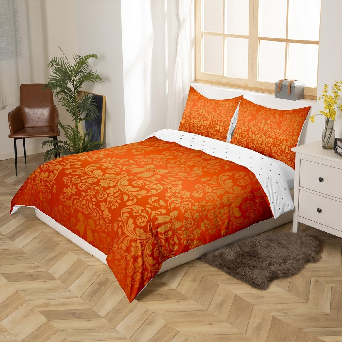 Homewish Red Orange Bow Knot Duvet Cover Set Antique Victorian Damask Comforter Cover, Bowknot 135 X 200 Cm Bed Linen Set, Vintage Floral Gothic Bed Set Exotic Flowers Bohemian Decor