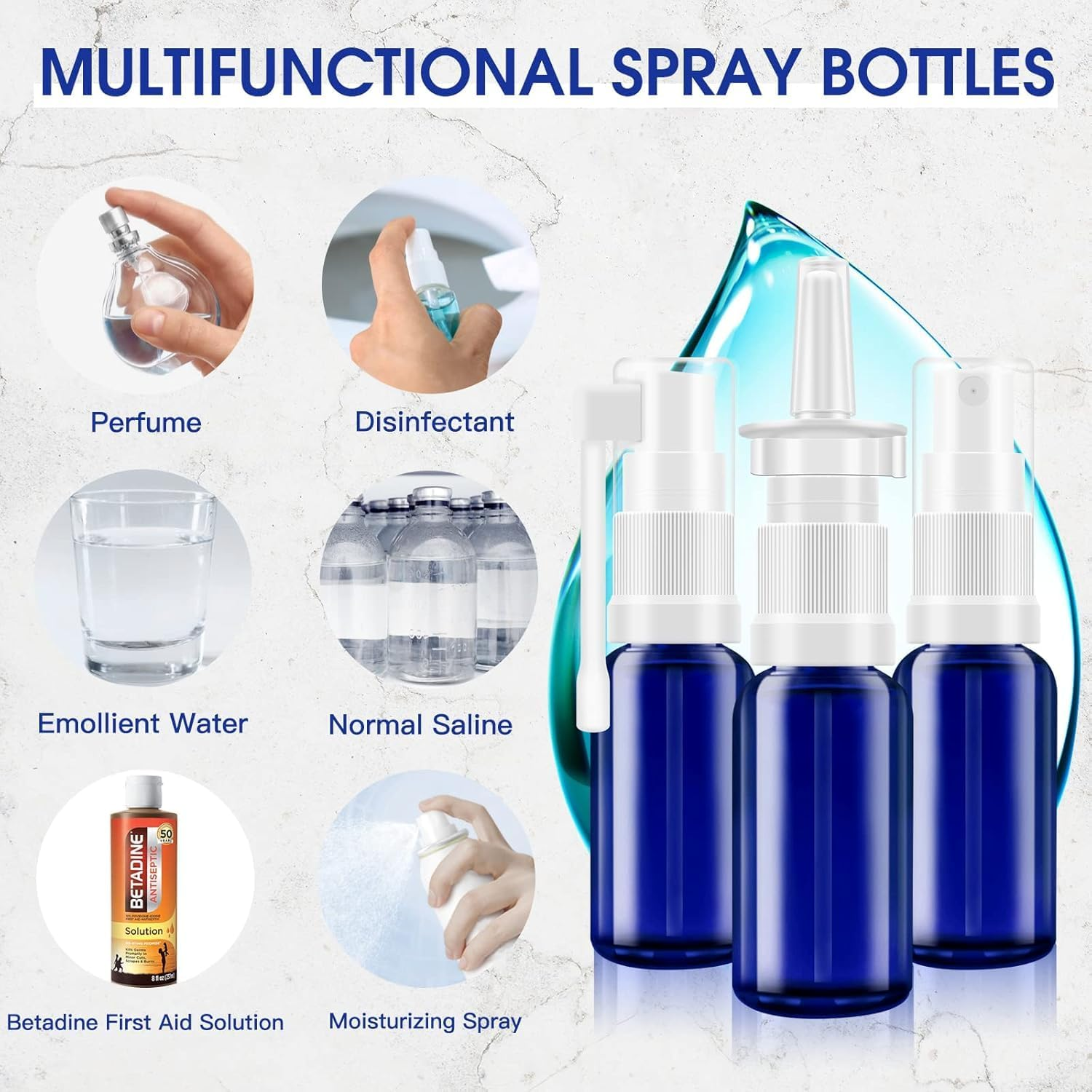 SYGELER Nasal Spray Bottle, 3 Pcs 30Ml/1Oz Glass Refillable Continuous Fine Mister Spray Bottles, Travel Sized Empty Nasal Sprayer with Sprayers, Funnels and Labels(Blue) image number 3