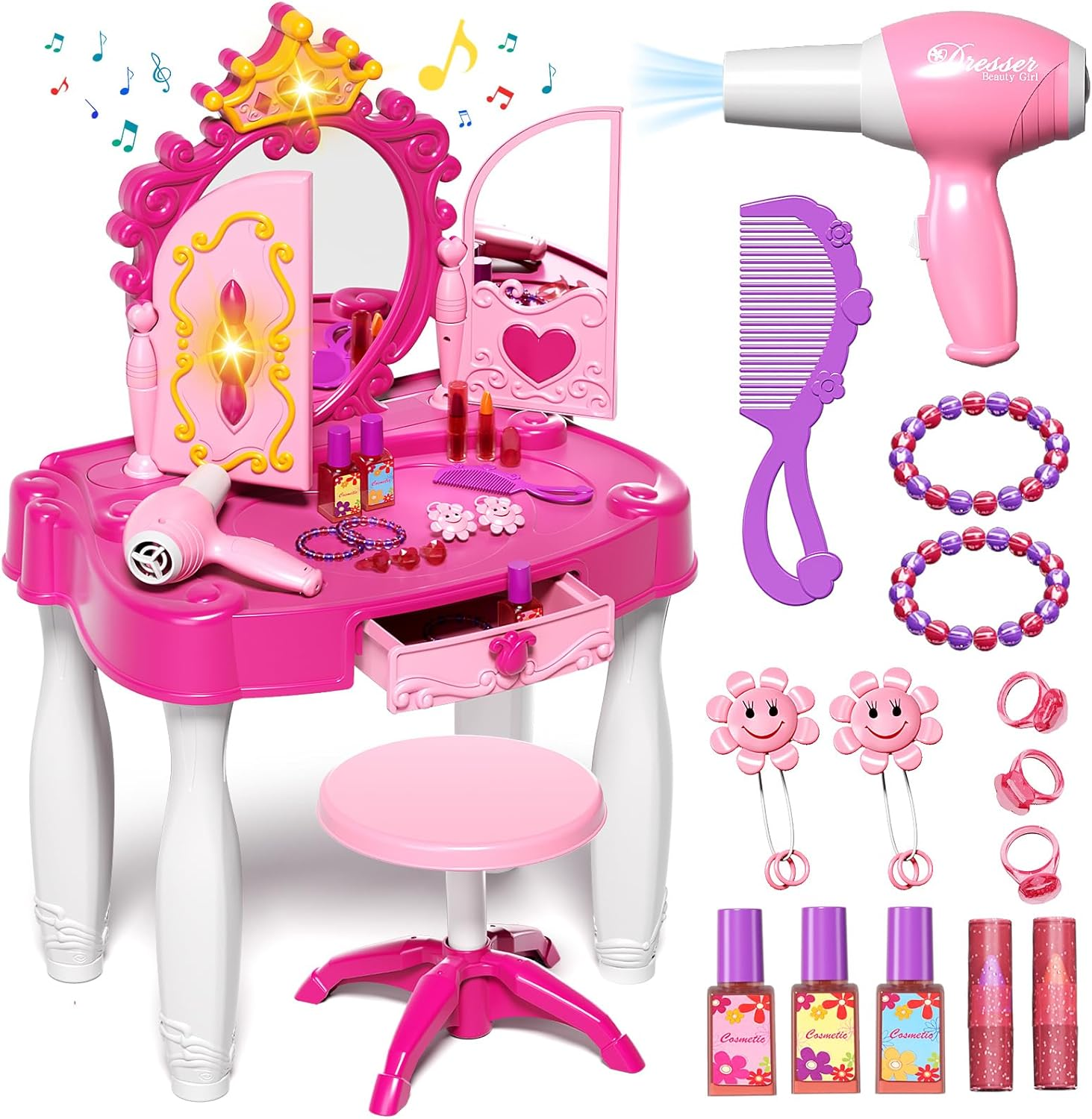 Kids Vanity Makeup Table with Mirror and Chair, Toddler Kids Makeup Vanity Table Set with Lights and Sound of Music, Toddler Vanity Girl Toys Set Includes Blowdryer and Makeup Kit