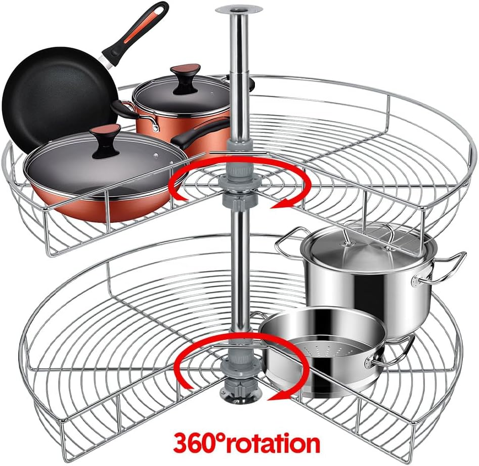 ALSTON Kitchen Corner Cabinet Organizer 2-Shelf Rotating Carousel, Blind Corner Basket Rotating Kitchen Storage Rack, 270 Degree 81Cm Diameter, Adjustable Height 55-79Cm, Fit Most 90Cm Cabinet image number 4