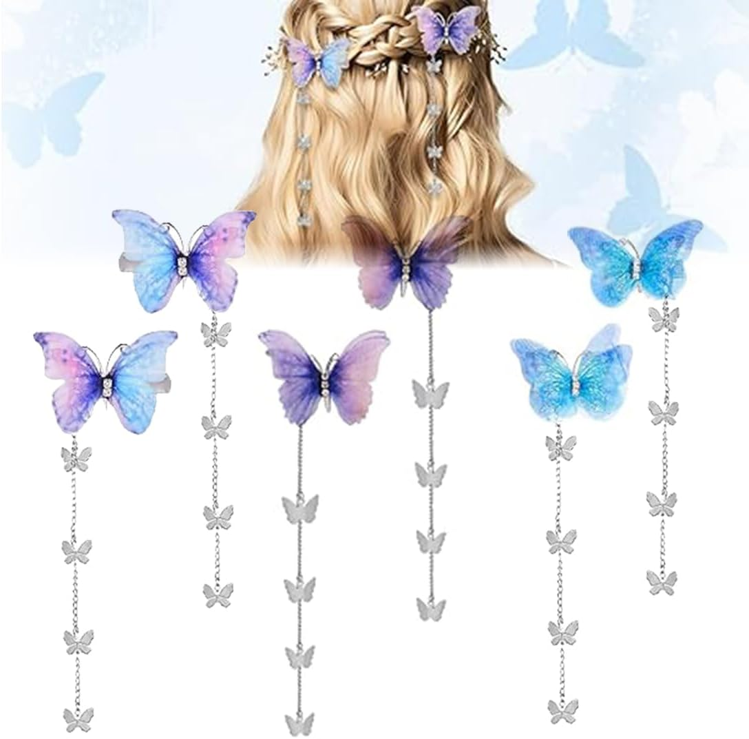 XUZOPIM Pack of 6 Butterfly Tassel Hair Clips Movable Fabric Butterfly Hairpin with Removable Tassel Cute Rhinestone Pins Side Clip Hair Clips Accessories for Women Girls Hair Accessories Girls image number 5