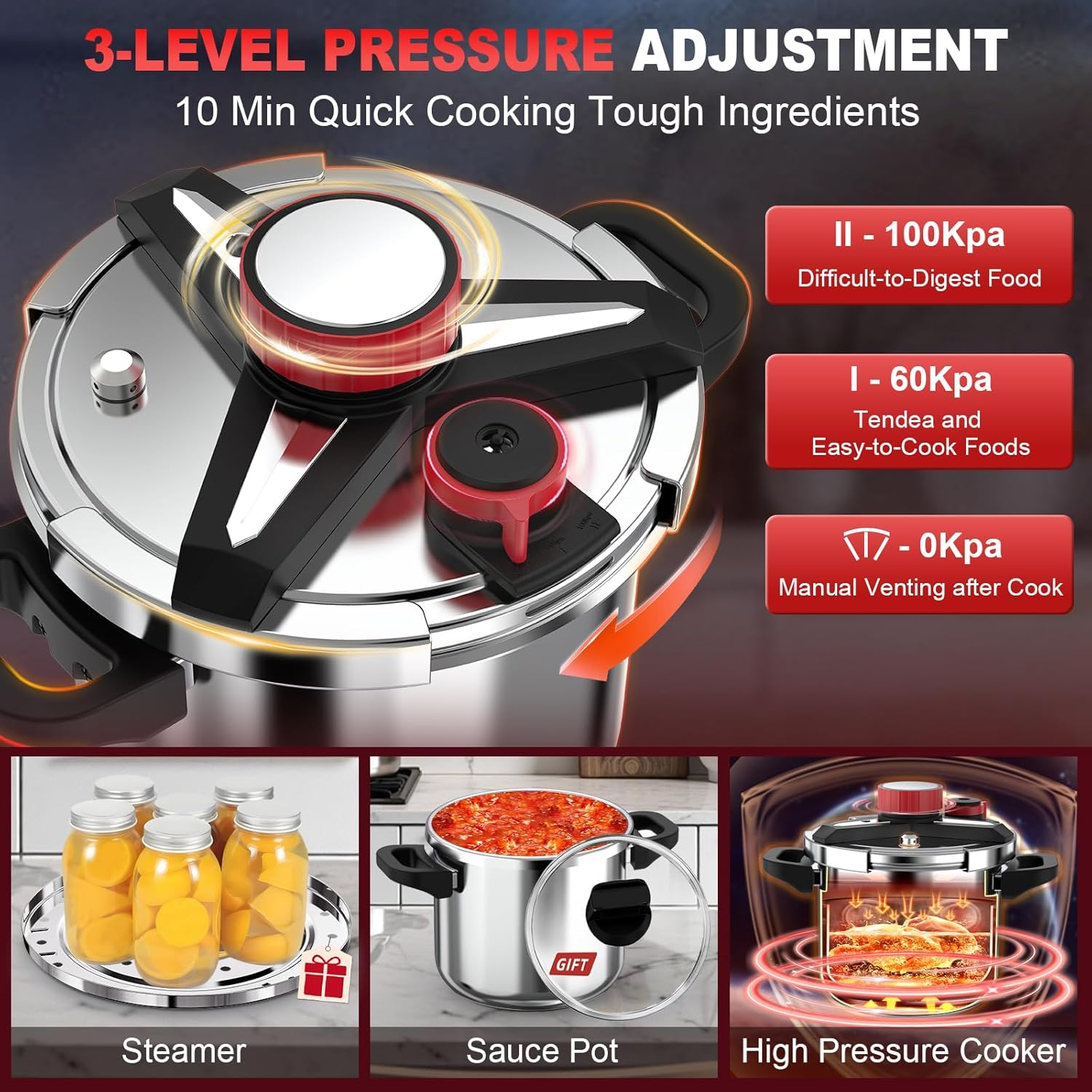 3-In-1 Stainless Steel Pressure Cooker 10 Litre: [Save 70% Time] [3 PSI Settings], One-Hand Locking, Induction Compatible, Gas Stovetop Compatible, Glass Lid & Steamer Rack Included, Olla De Presion image number 1